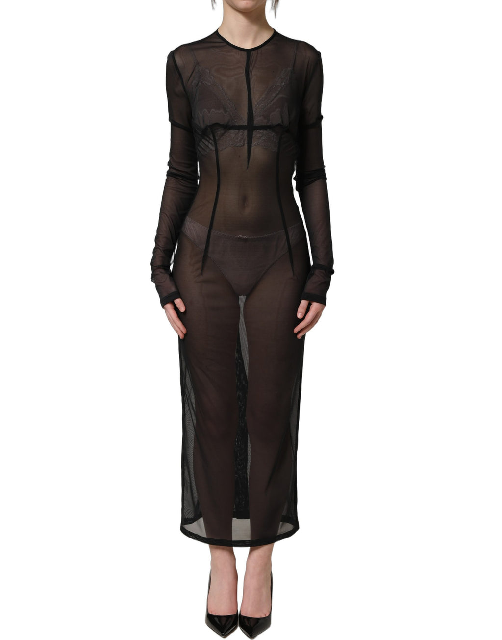 Dolce & Gabbana Schwarzes, figurbetontes Maxikleid mit langen Ärmeln und transparentem Stoff