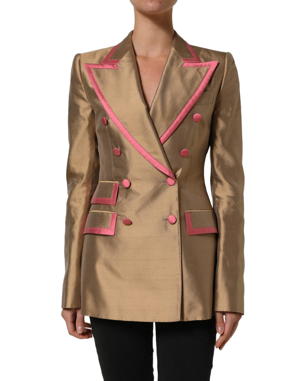 Dolce & Gabbana Goldfarbener Seiden-Zweireihiger Mantel-Blazer
