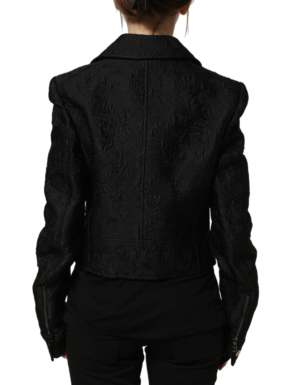 Dolce & Gabbana Schwarze Biker-Blousonjacke aus Blumenbrokat