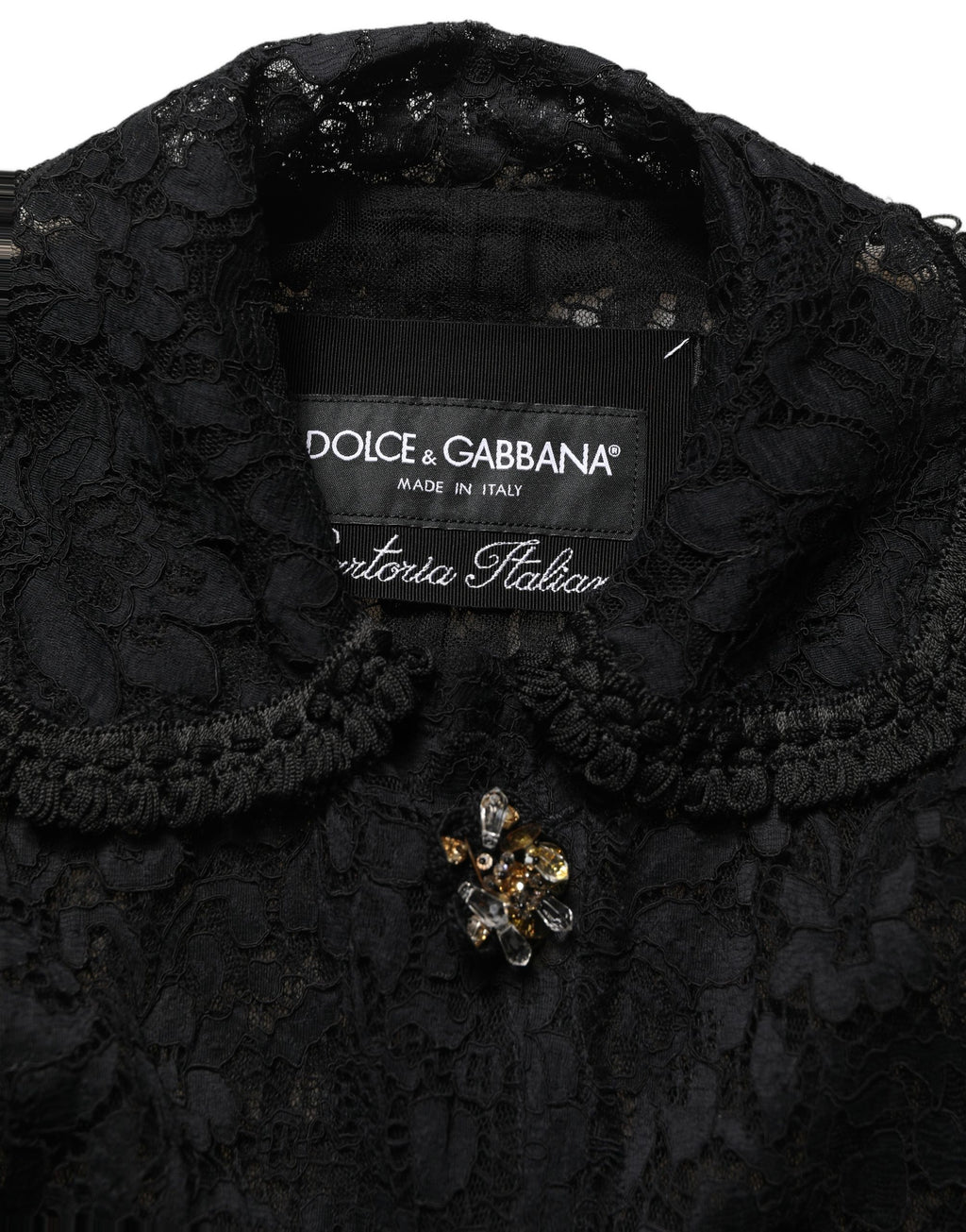 Dolce & Gabbana Schwarzer Mantel aus Guipure-Spitze mit Verzierungen