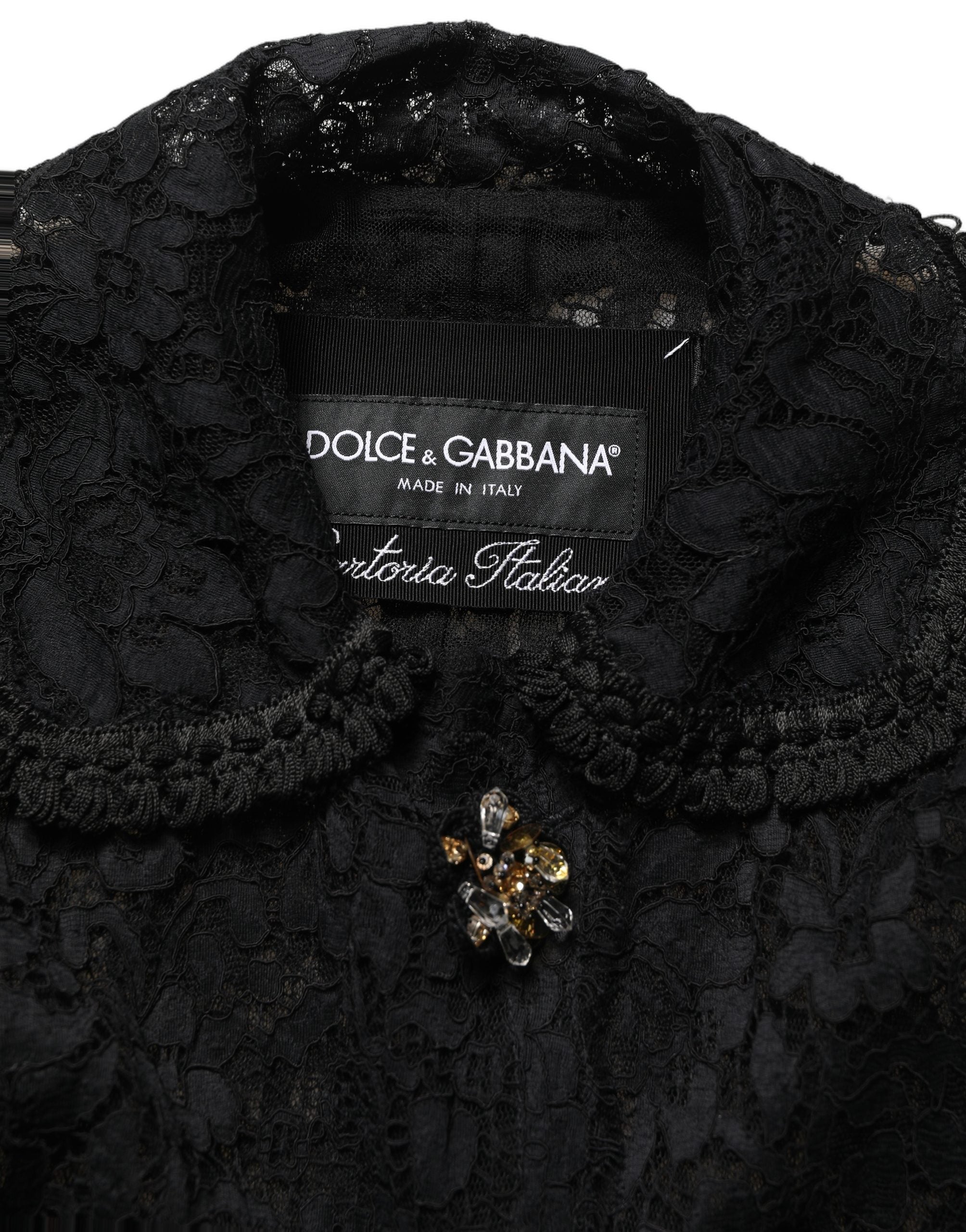 Dolce & Gabbana Schwarzer Mantel aus Guipure-Spitze mit Verzierungen