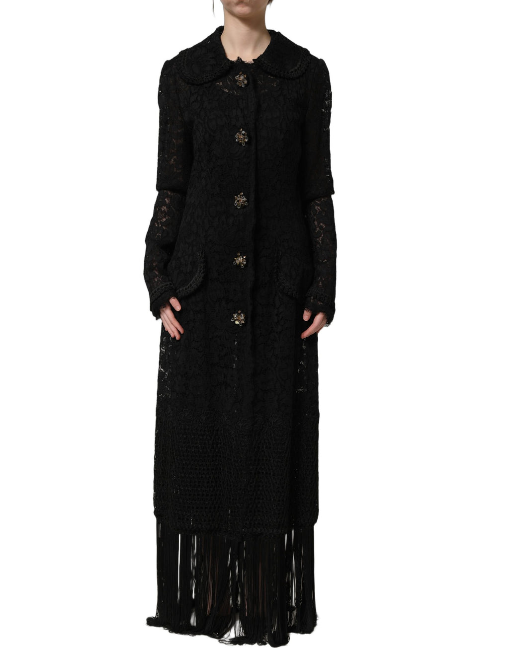 Dolce & Gabbana Schwarzer Mantel aus Guipure-Spitze mit Verzierungen