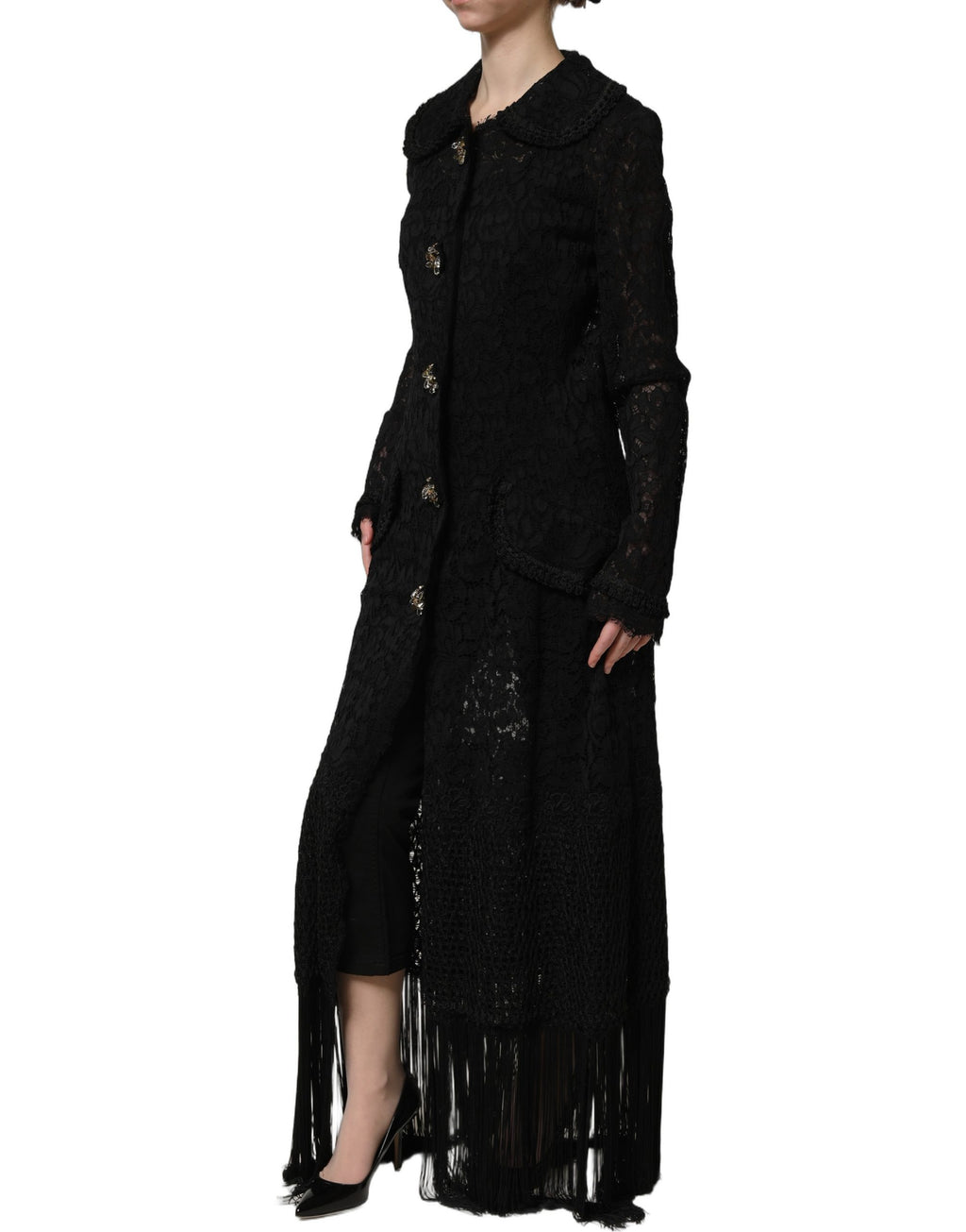 Dolce & Gabbana Schwarzer Mantel aus Guipure-Spitze mit Verzierungen