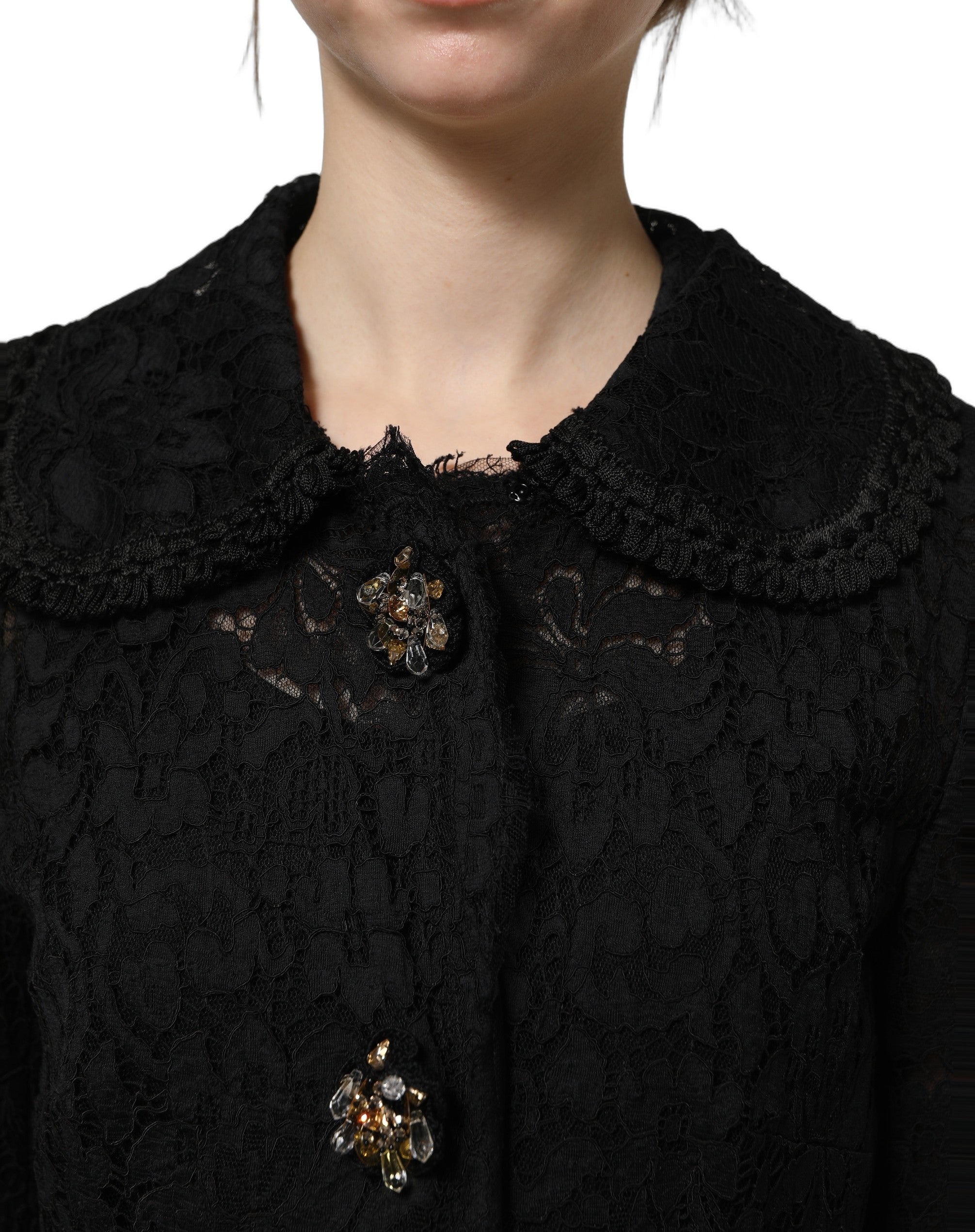 Dolce & Gabbana Schwarzer Mantel aus Guipure-Spitze mit Verzierungen