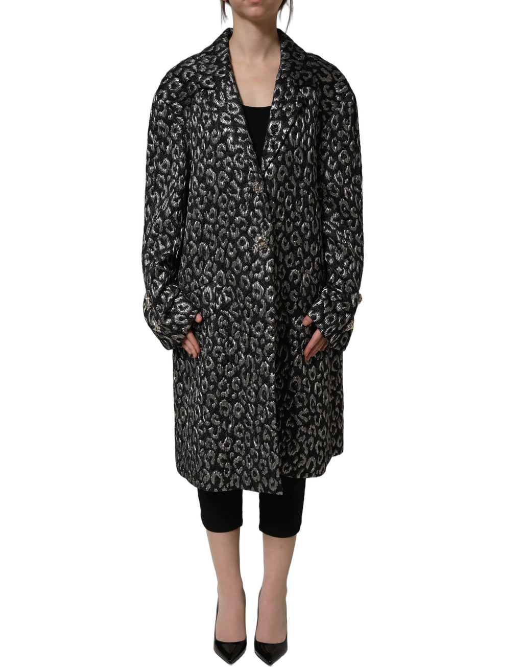 Dolce & Gabbana Schwarzer Jacquard-Mantel mit Silber-Leo-Muster