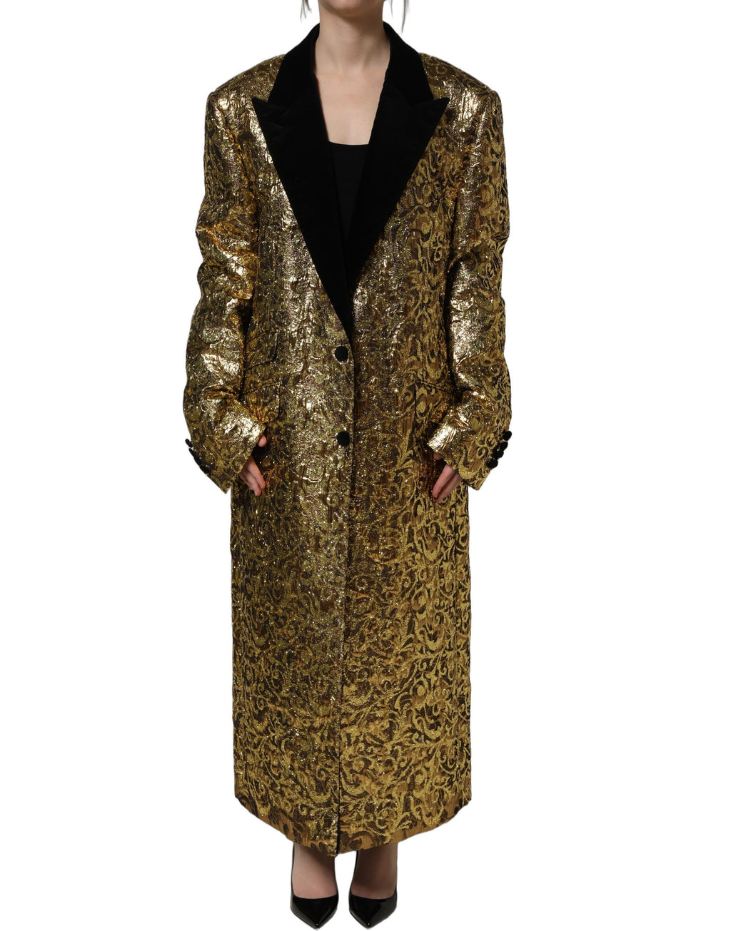 Dolce & Gabbana Goldfarbener Woll-Trenchcoat im Jacquard-Dessin mit Blumenmuster
