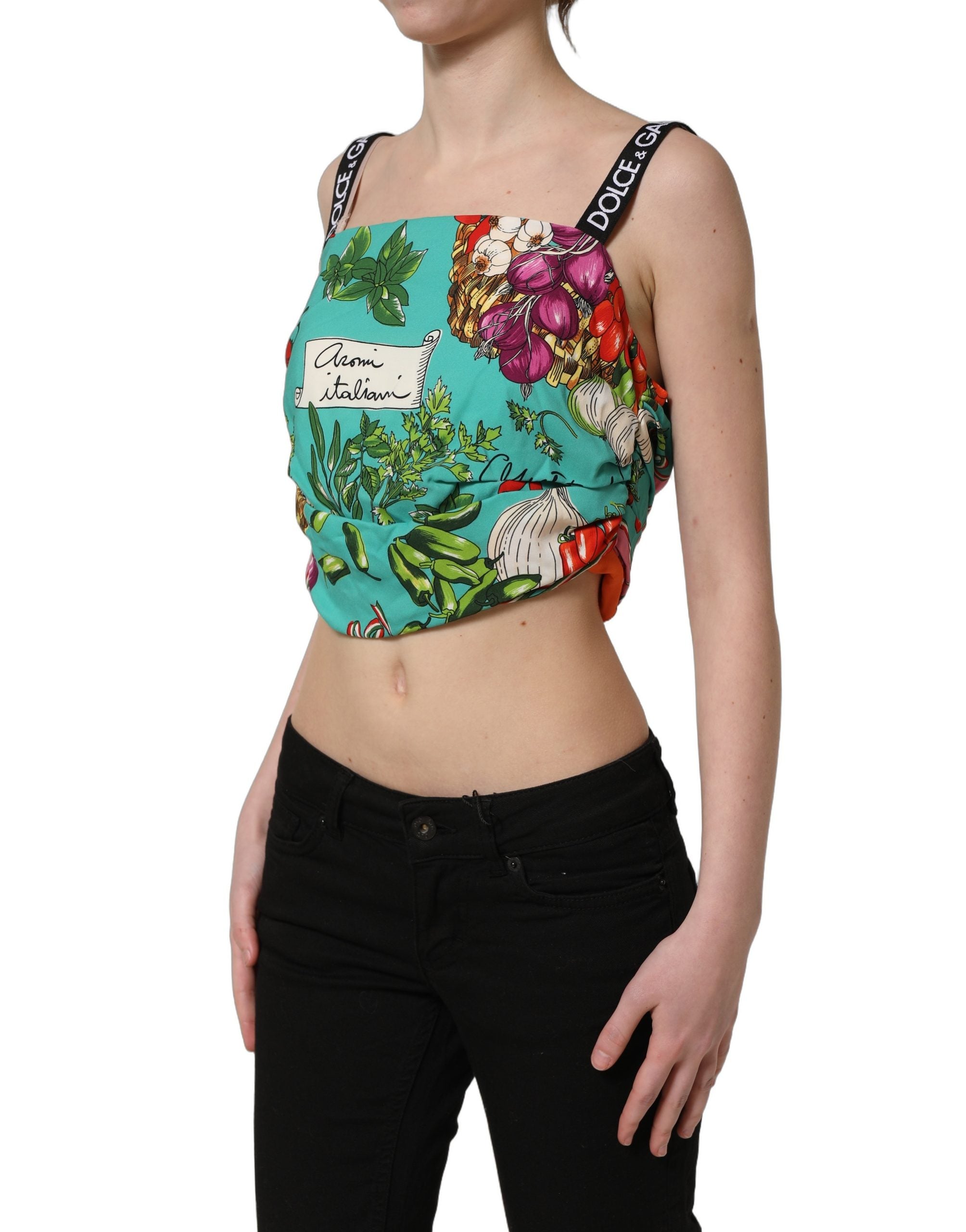 Dolce & Gabbana Mehrfarbiges Seiden-Crop-Top mit Gemüseprint
