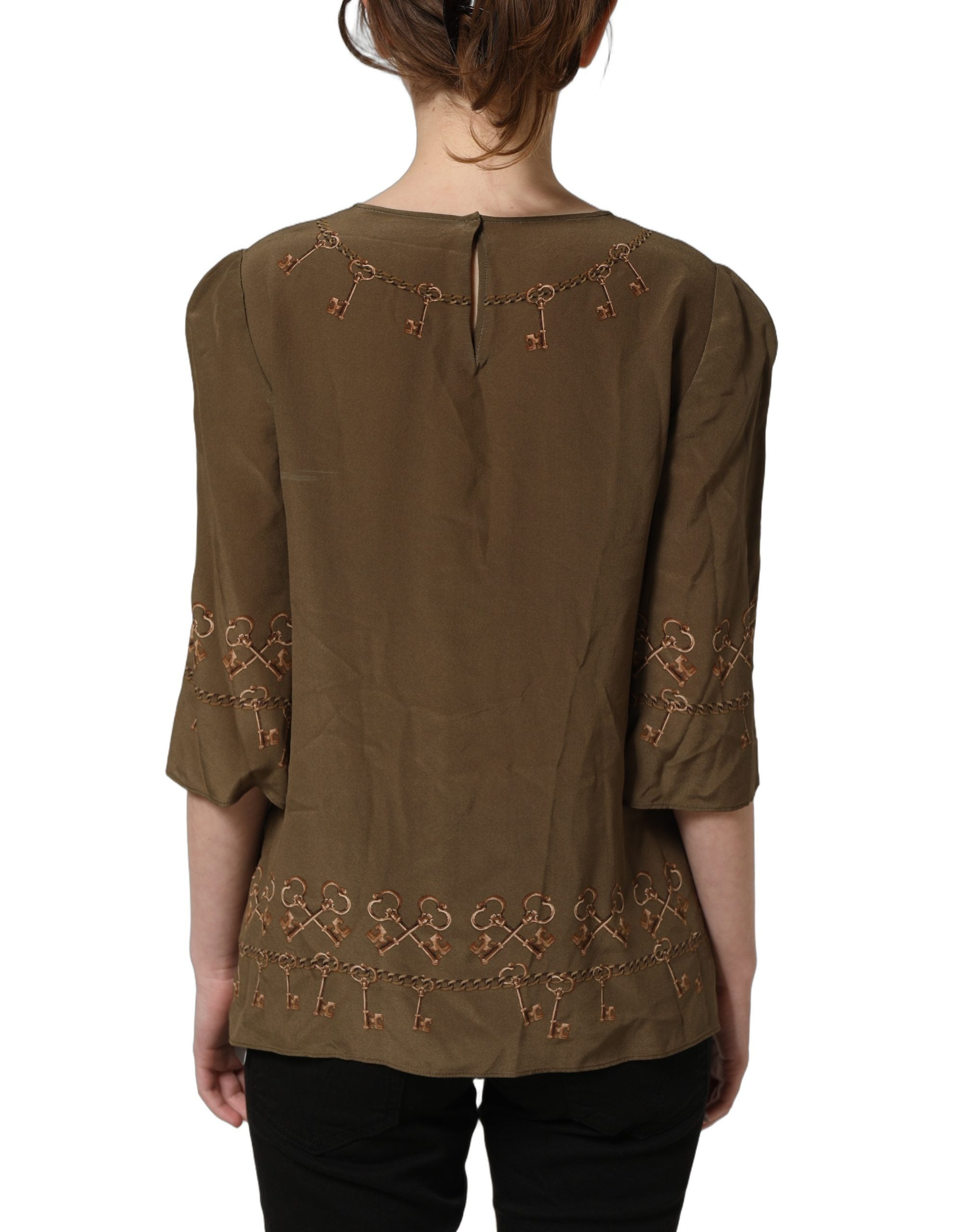 Dolce & Gabbana Seidenbluse mit braunem Schlüssel- und Rosen-Print
