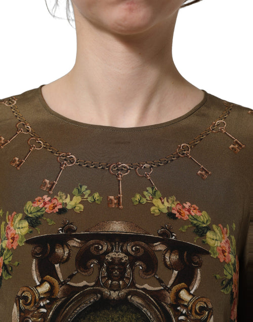 Dolce & Gabbana Seidenbluse mit braunem Schlüssel- und Rosen-Print