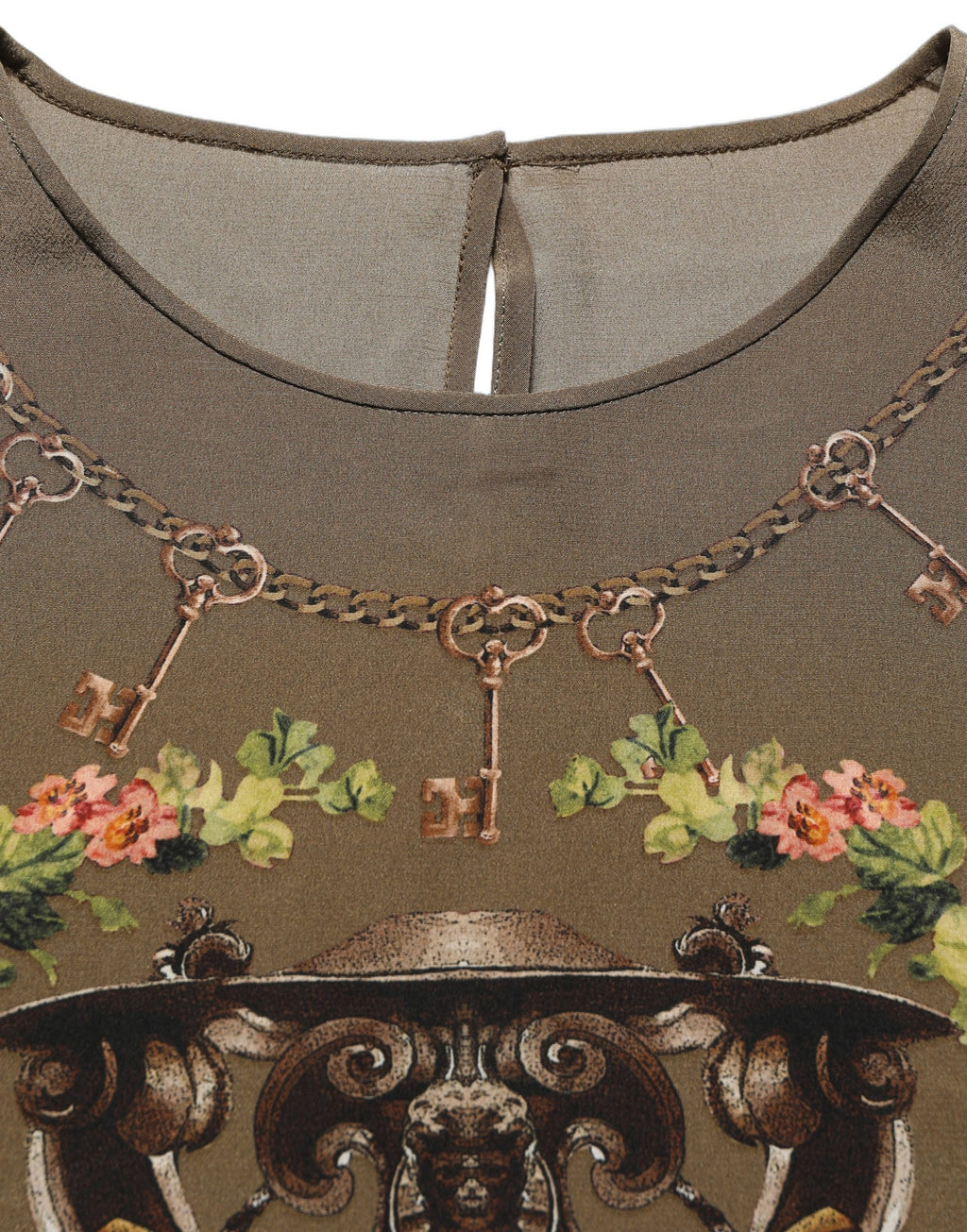 Dolce & Gabbana Seidenbluse mit braunem Schlüssel- und Rosen-Print