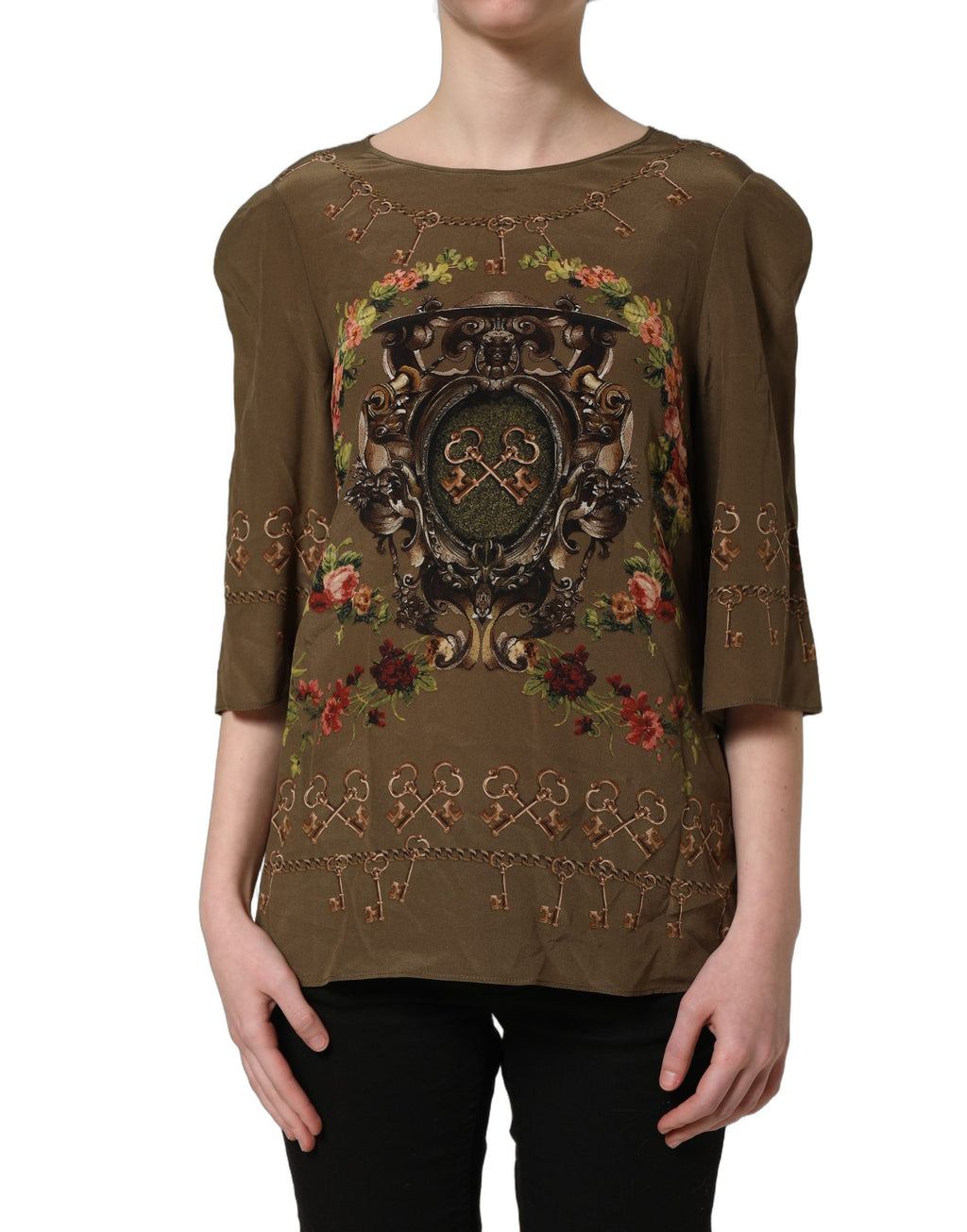Dolce & Gabbana Seidenbluse mit braunem Schlüssel- und Rosen-Print