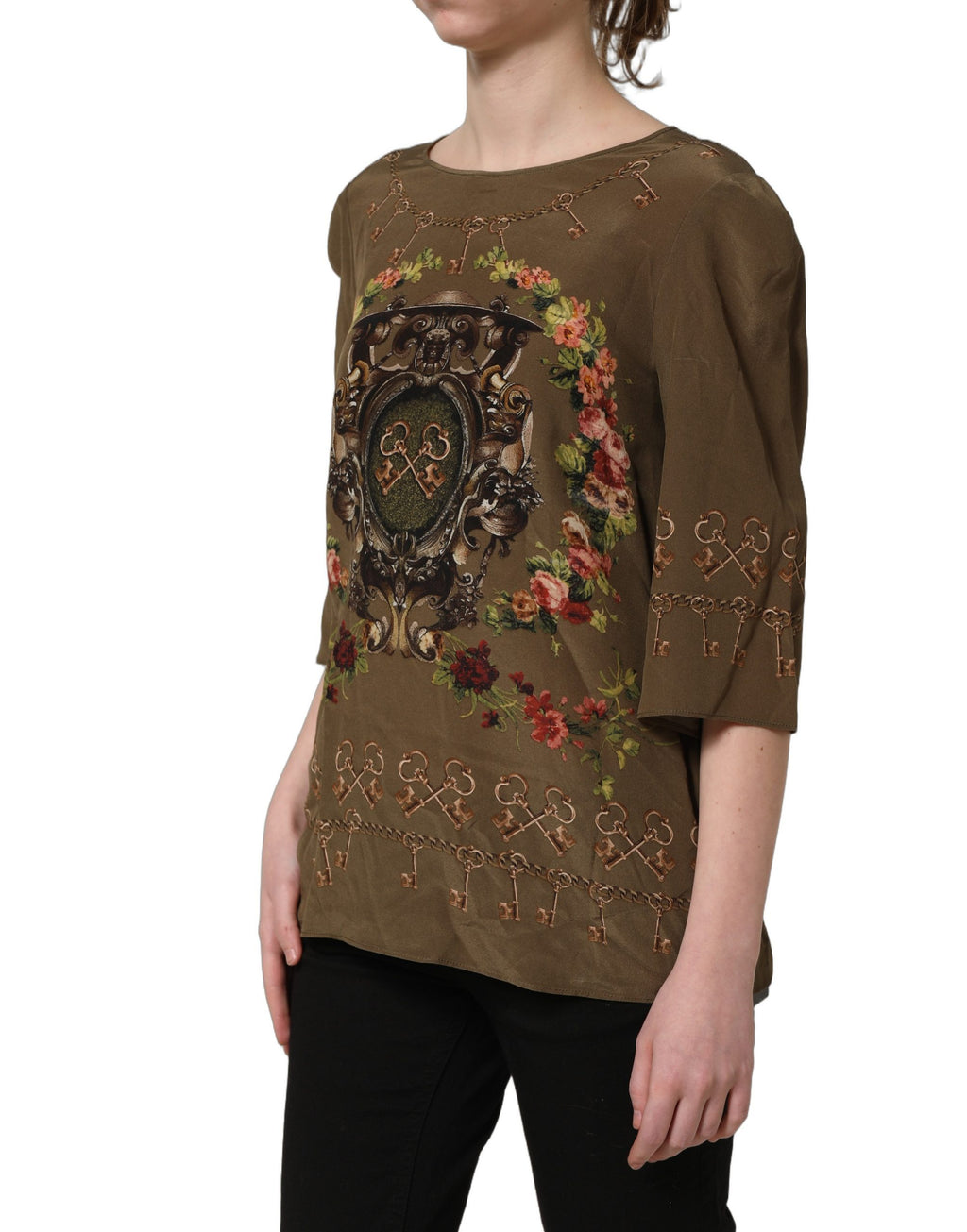Dolce & Gabbana Seidenbluse mit braunem Schlüssel- und Rosen-Print