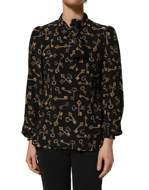 Dolce & Gabbana Seidenbluse mit schwarzem Schlüssel-Print und Schleifenkragen