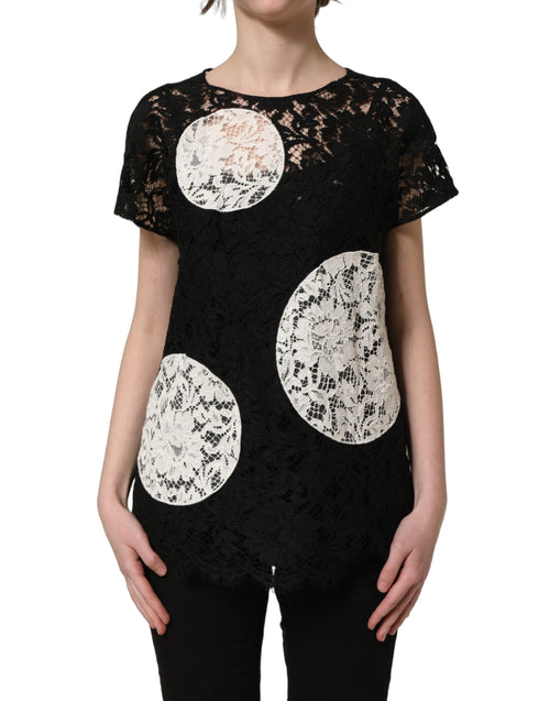 Dolce & Gabbana Kurzarmbluse mit schwarzer und weißer Blumen-Spitze