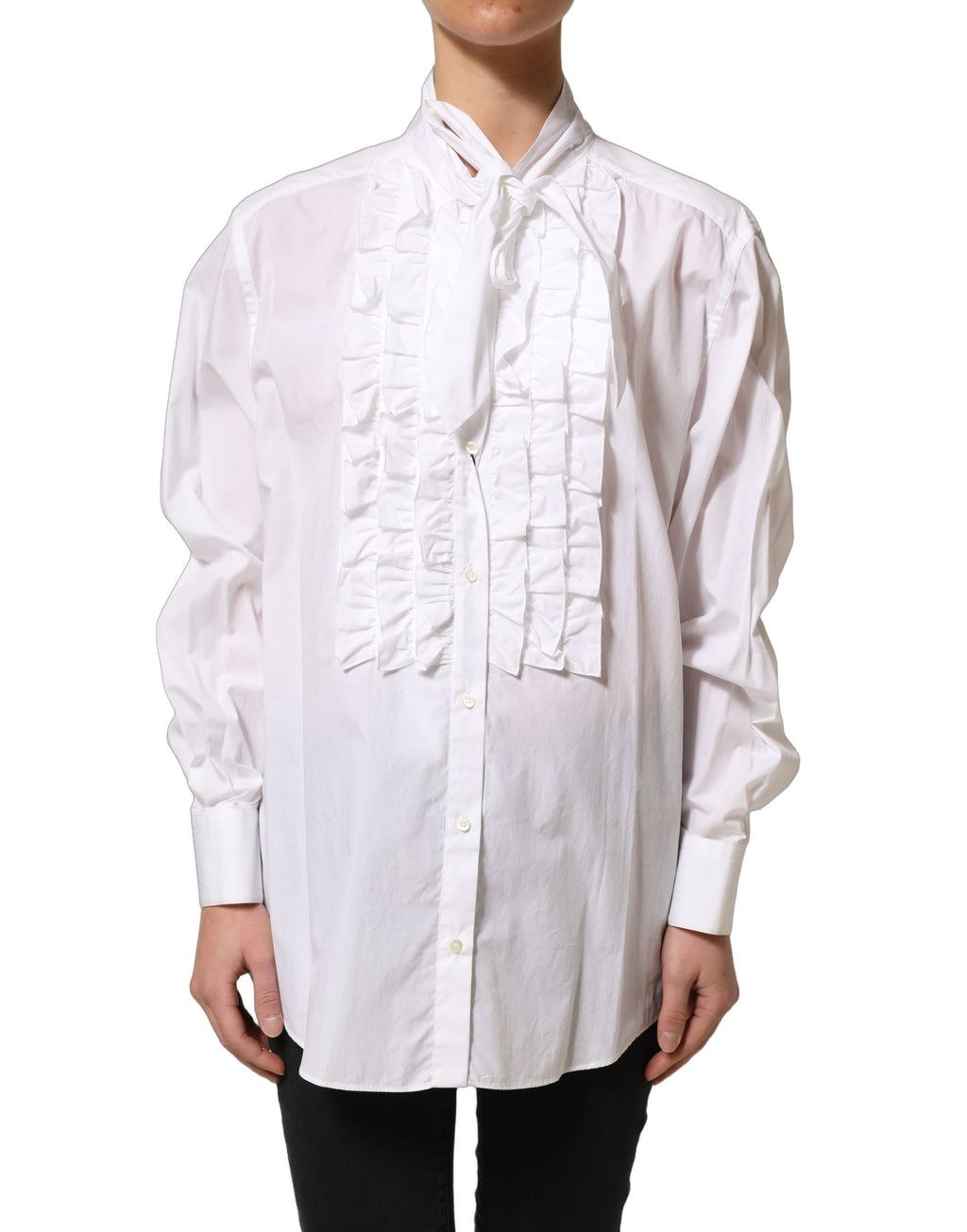 Dolce & Gabbana Weiße Bluse mit Rüschen-Latz und langen Ärmeln