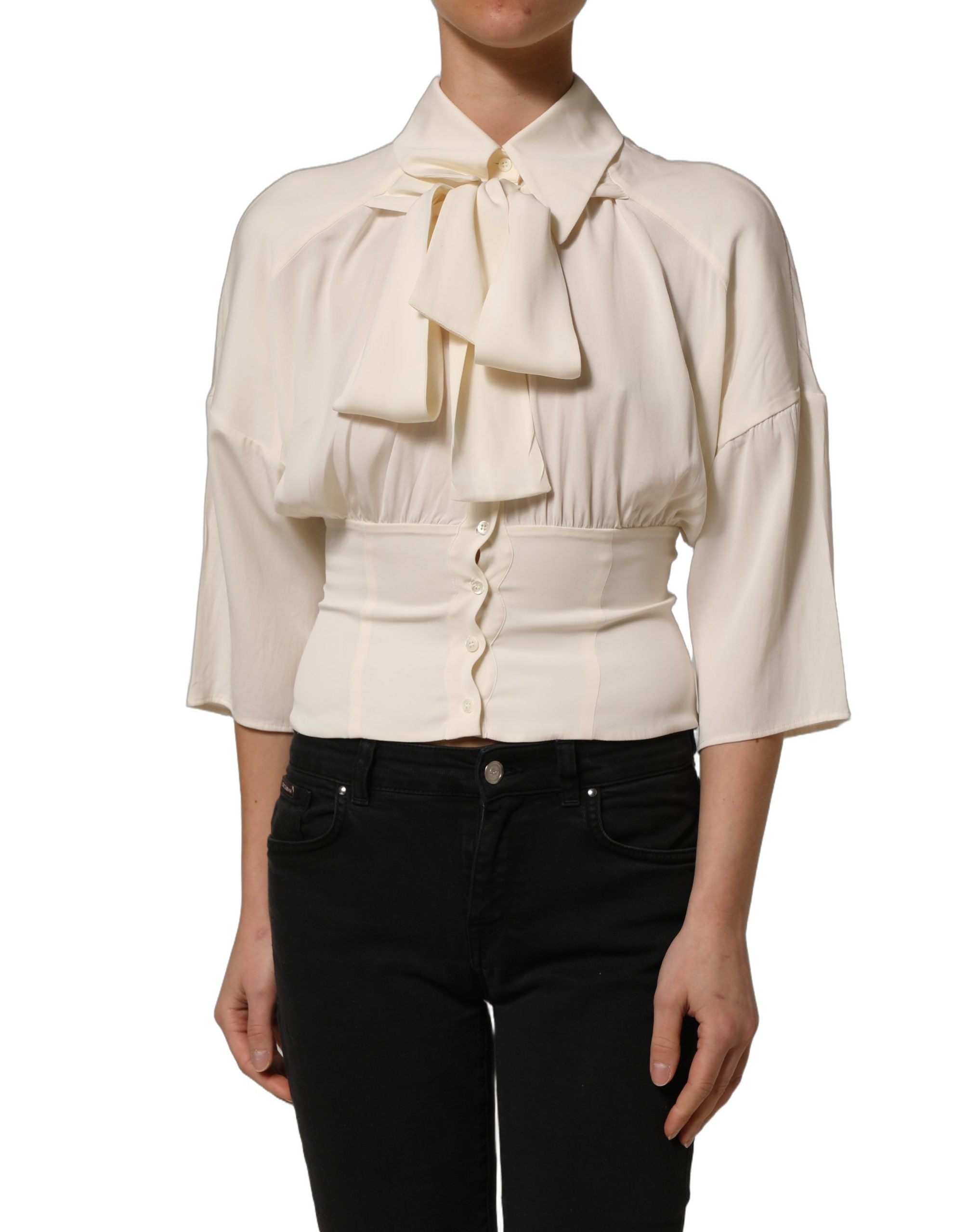 Dolce & Gabbana Weiße Bluse mit Ascot-Kragen und langen Ärmeln