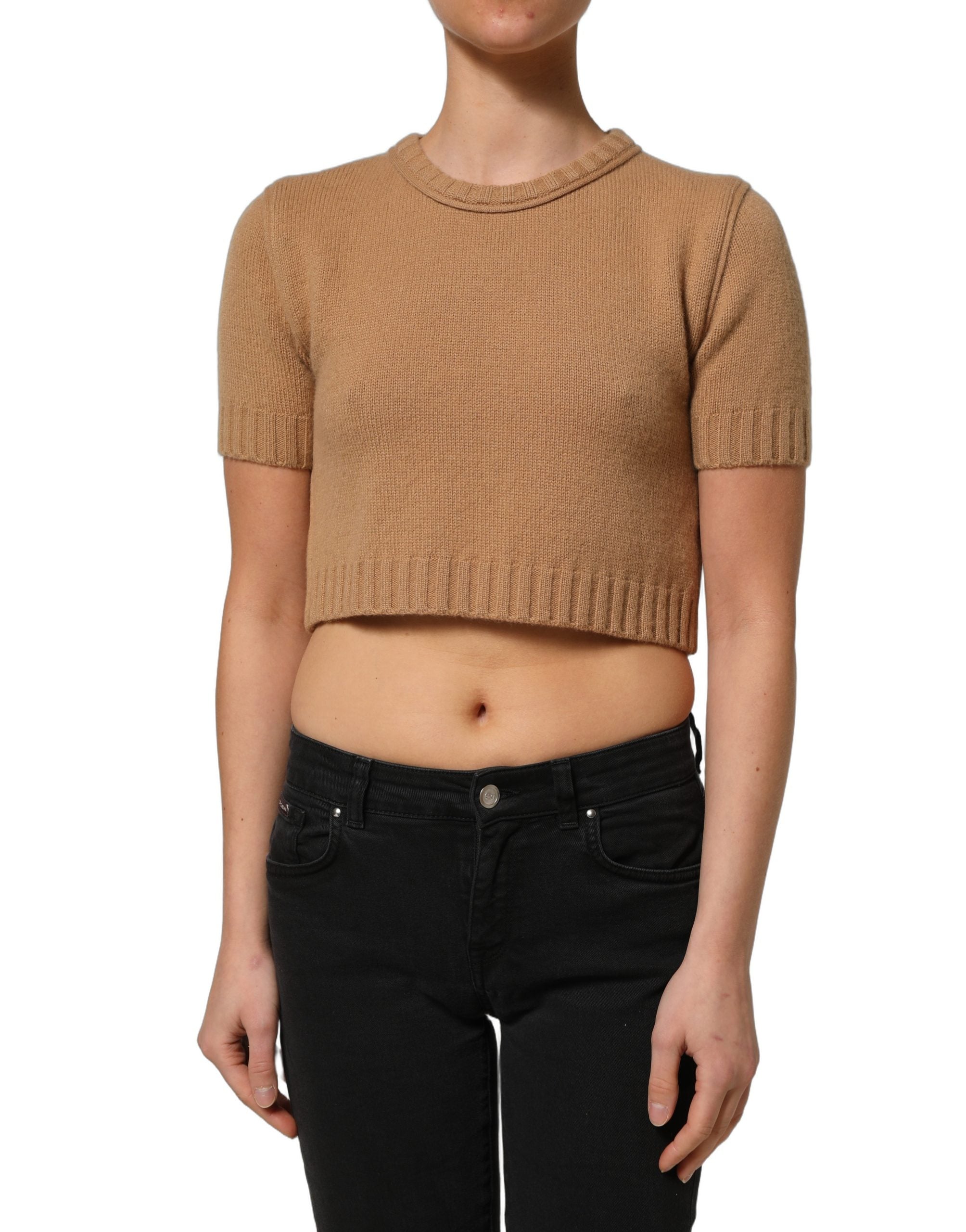 Dolce & Gabbana Kurzärmelige Cropped Bluse aus brauner Wolle