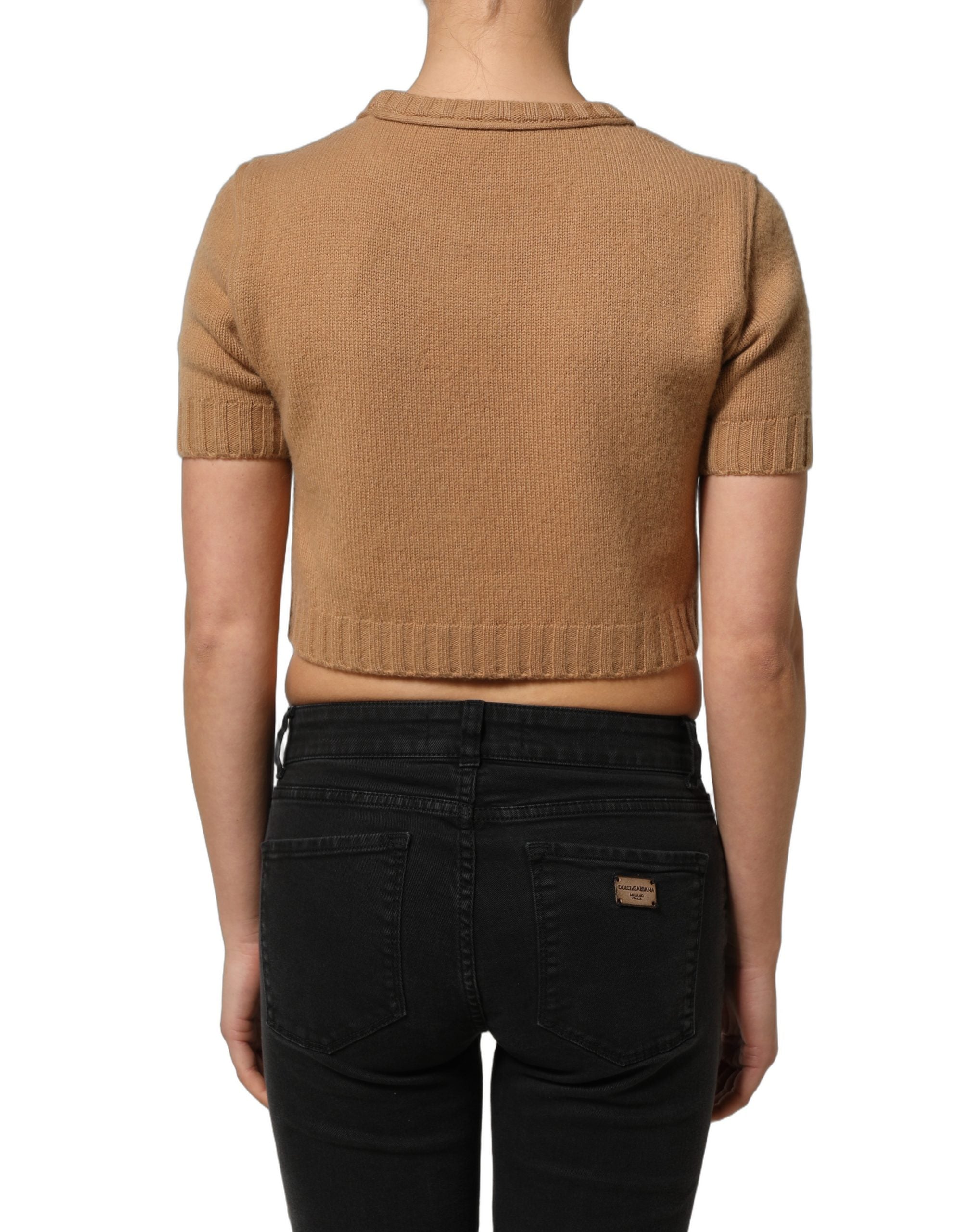 Dolce & Gabbana Kurzärmelige Cropped Bluse aus brauner Wolle