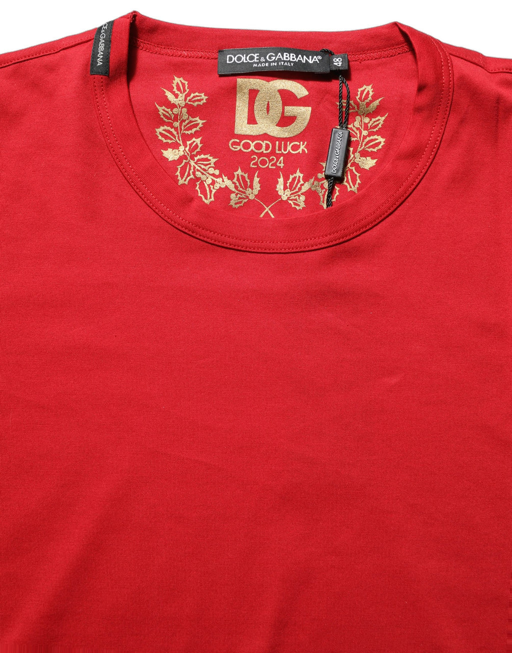 Dolce & Gabbana Rotes Goodluck 2023 Baumwoll-T-Shirt mit Rundhalsausschnitt
