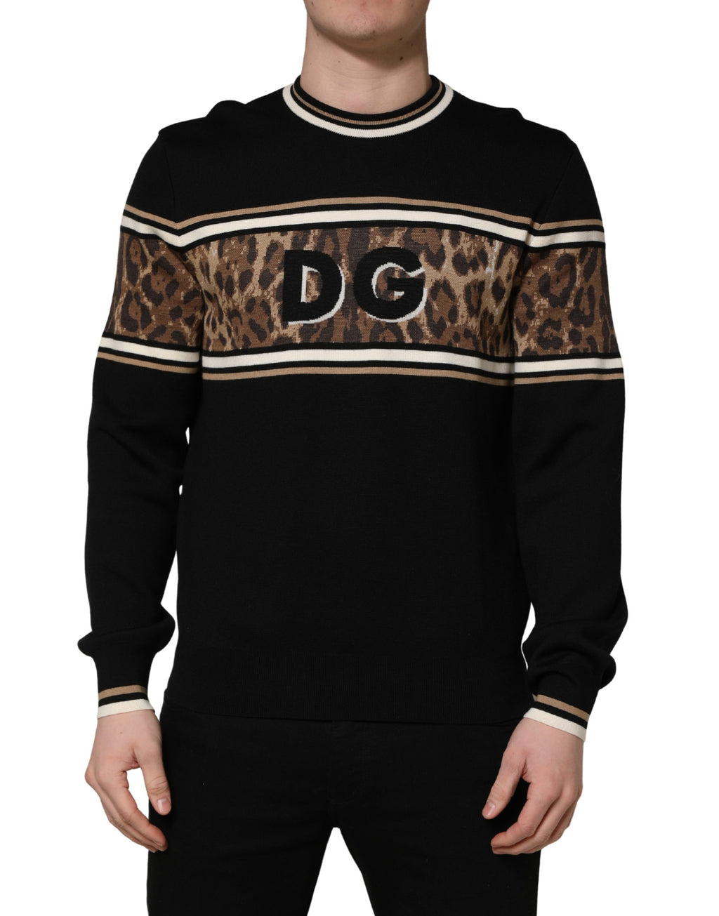 Dolce & Gabbana Pullover-Pullover aus schwarzer Wolle mit Leopardenmuster für Herren
