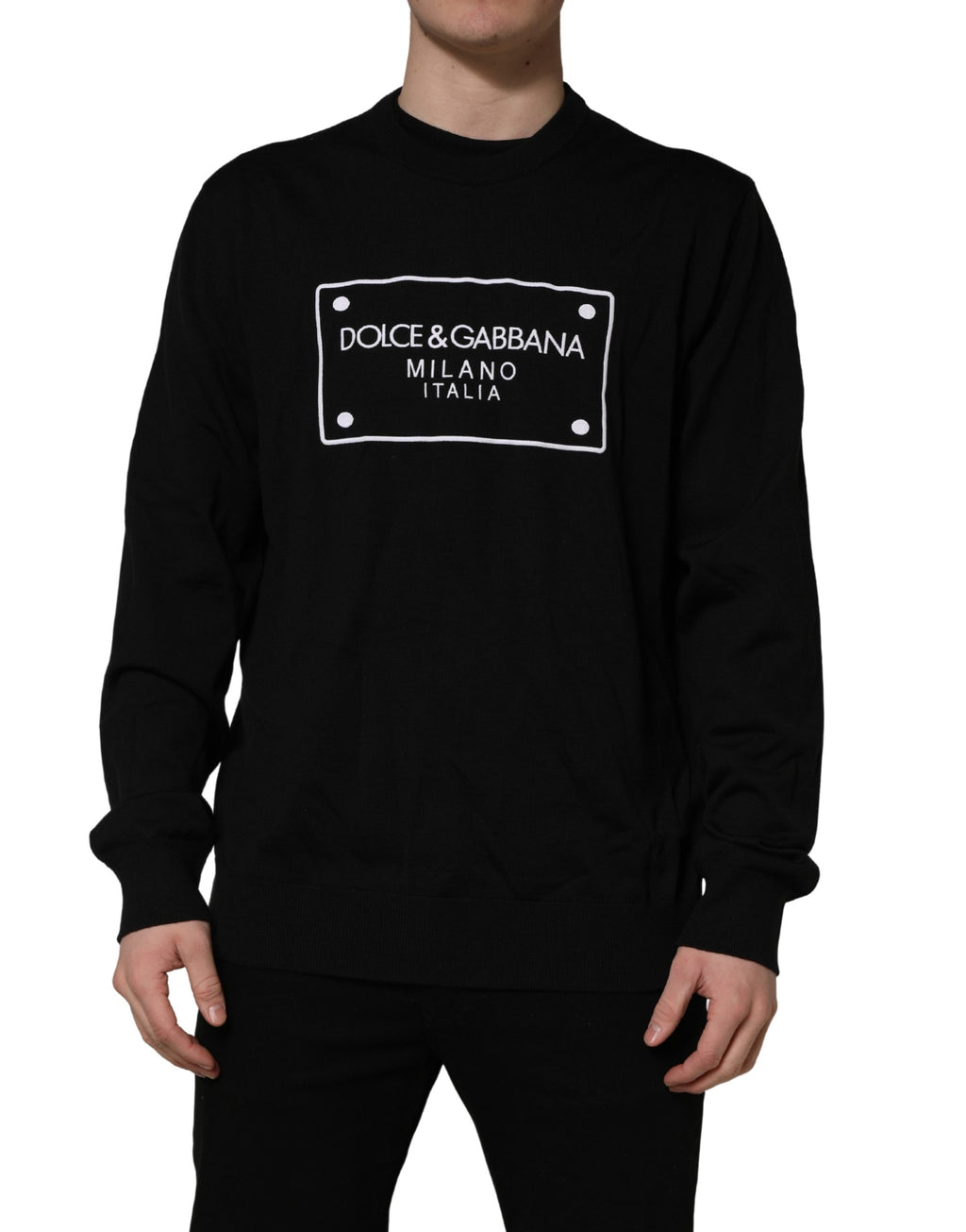 Dolce & Gabbana Schwarzer Wollpullover mit Rundhalsausschnitt und grafischem Logo