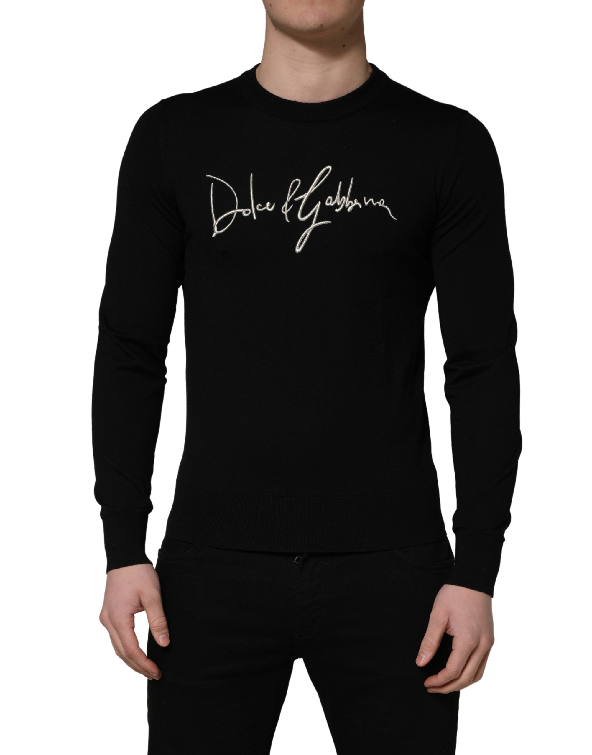 Dolce & Gabbana Schwarzer Pullover mit Rundhalsausschnitt und gesticktem Logo