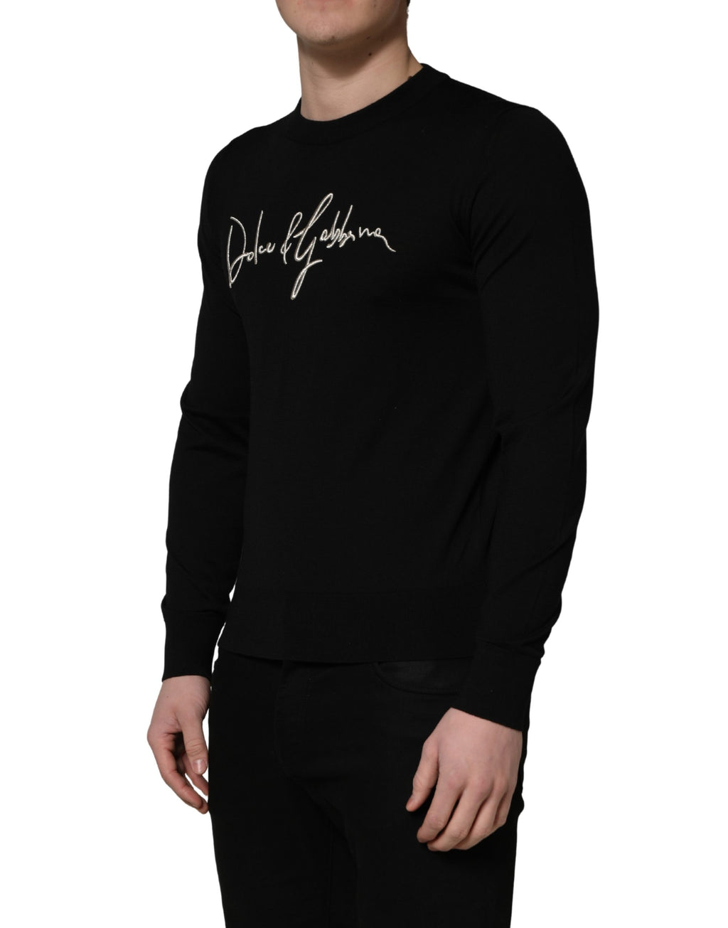 Dolce & Gabbana Schwarzer Pullover mit Rundhalsausschnitt und gesticktem Logo