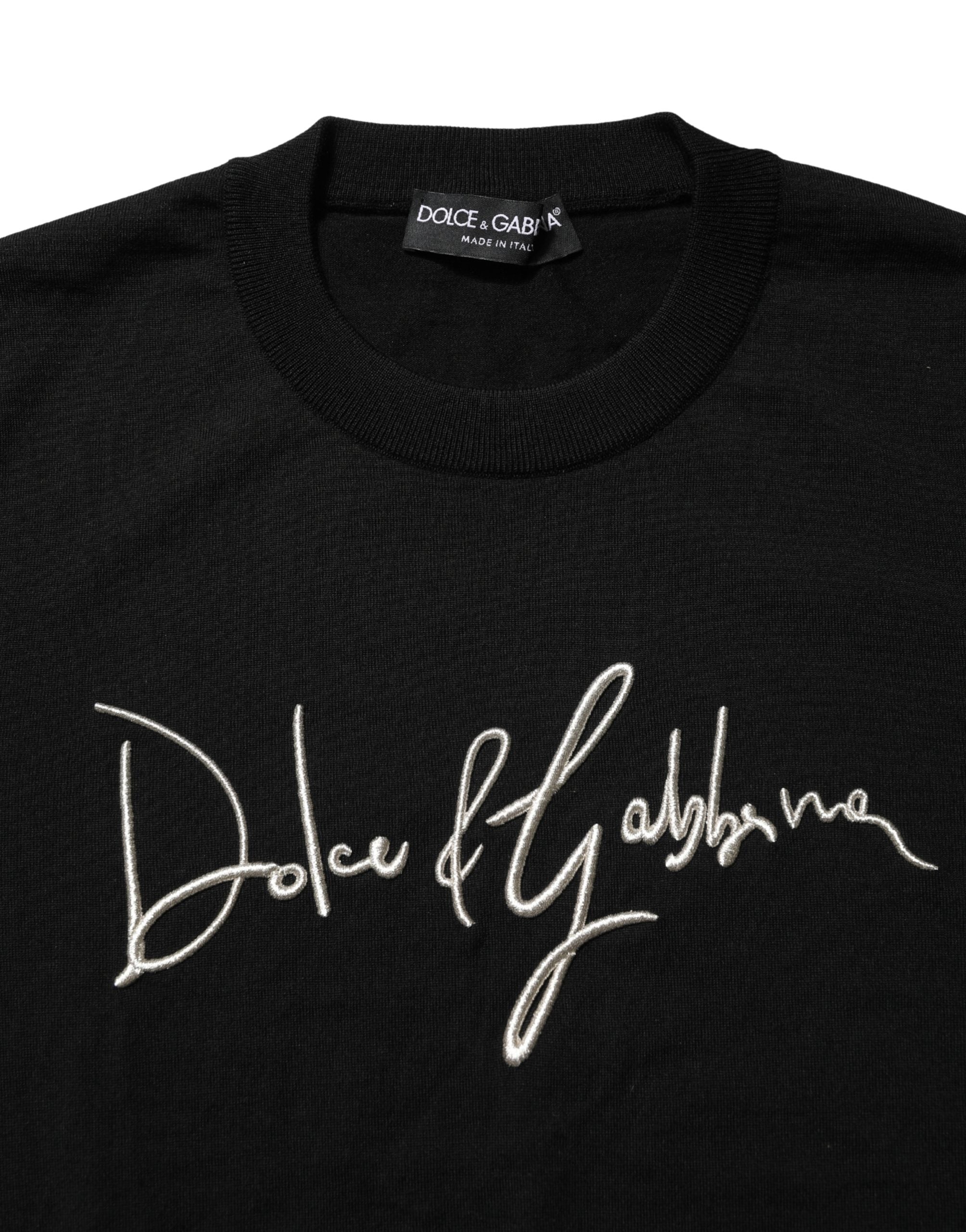 Dolce & Gabbana Schwarzer Pullover mit Rundhalsausschnitt und gesticktem Logo