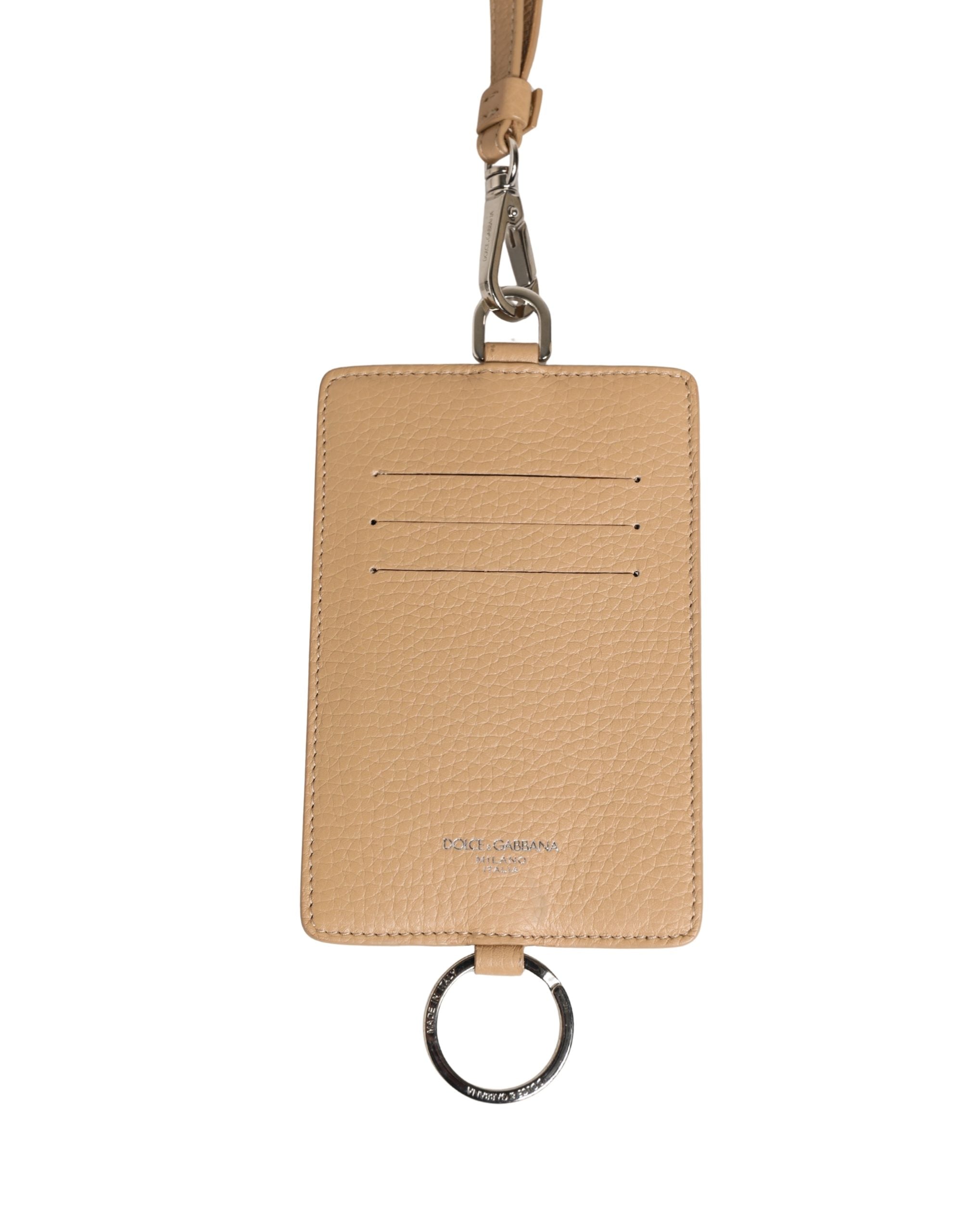 Dolce & Gabbana Beige Leder Kartenetui mit Logo-Prägung und Lanyard