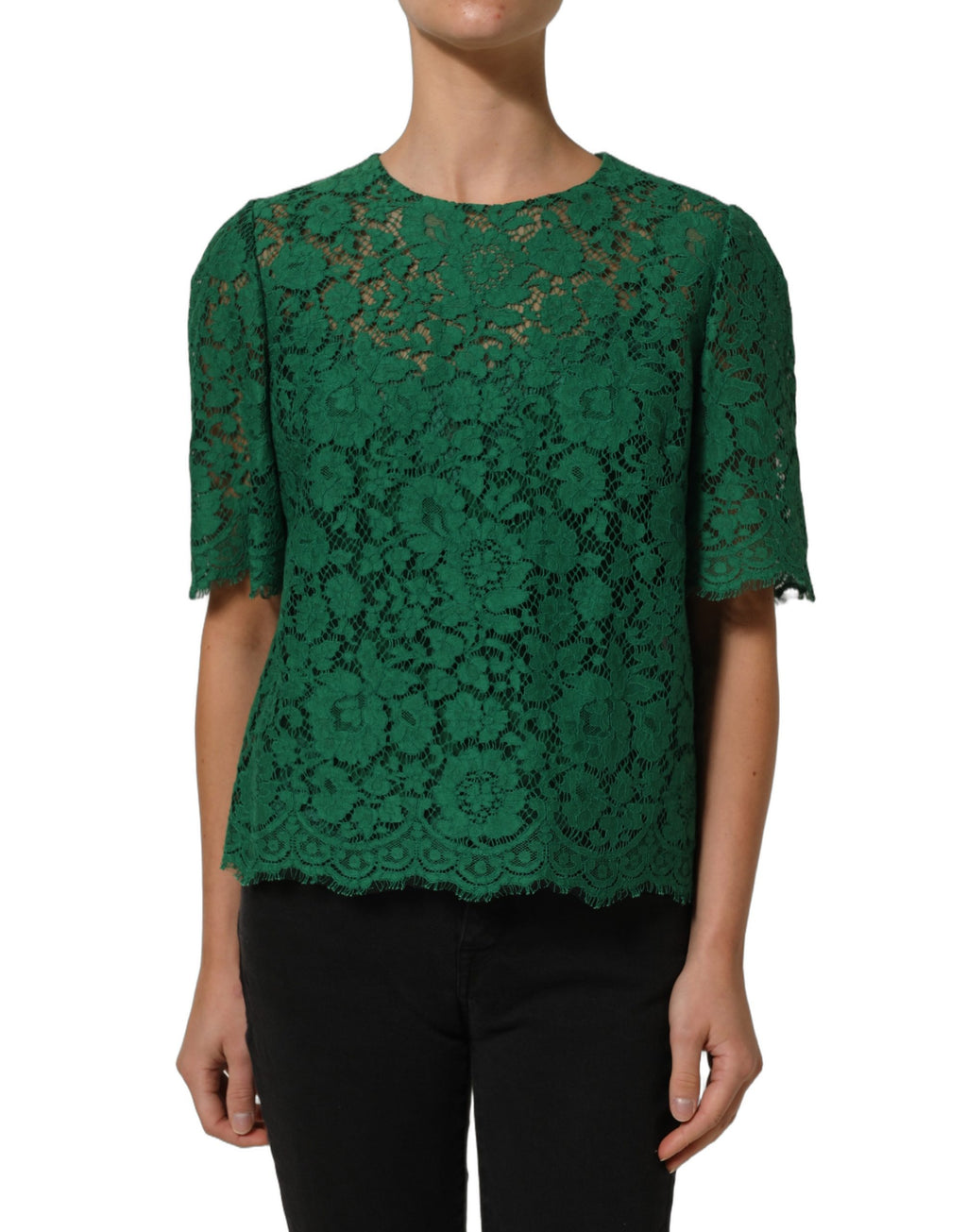 Dolce & Gabbana Grüne Blumen-Spitzenbluse mit Rundhalsausschnitt