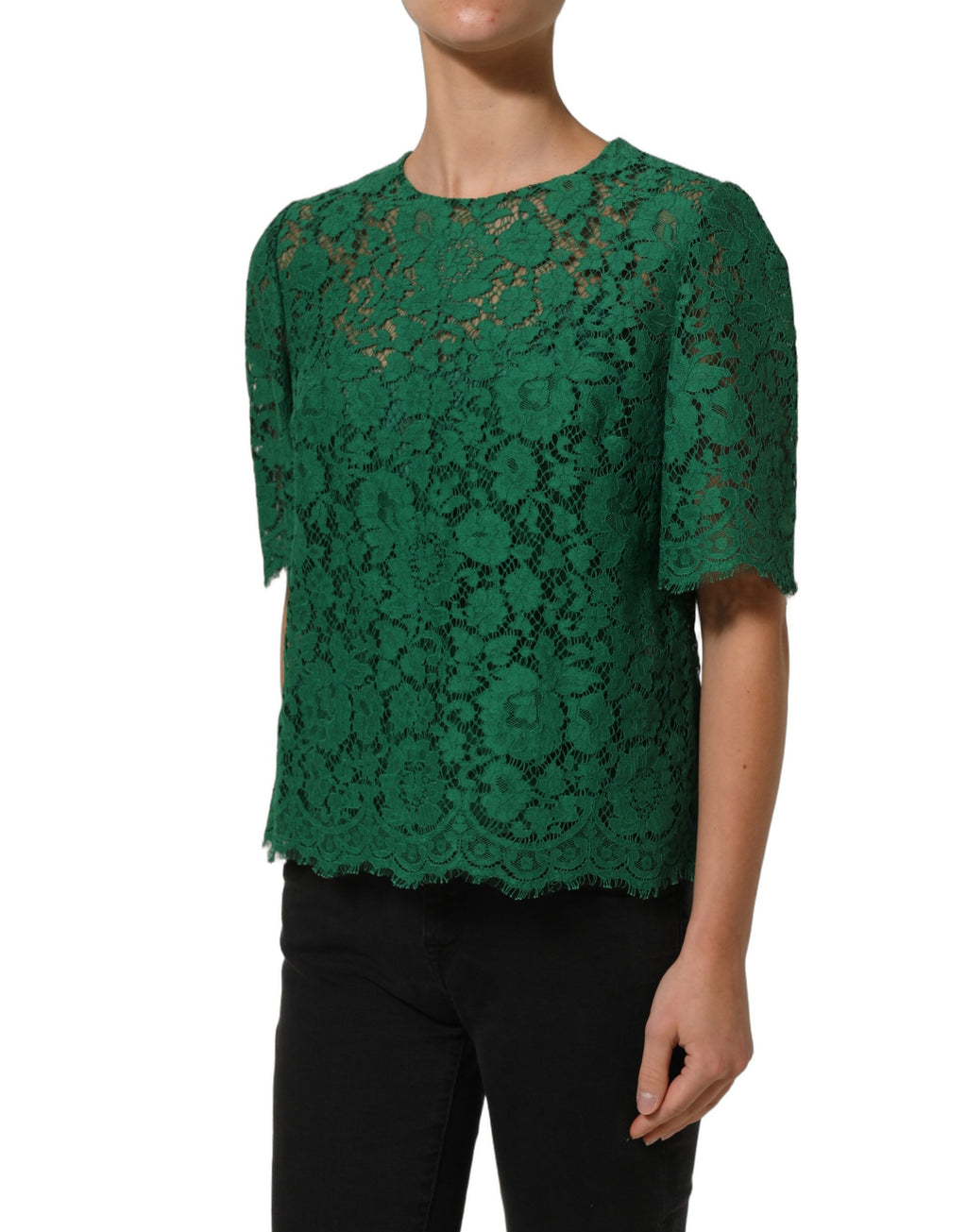 Dolce & Gabbana Grüne Blumen-Spitzenbluse mit Rundhalsausschnitt