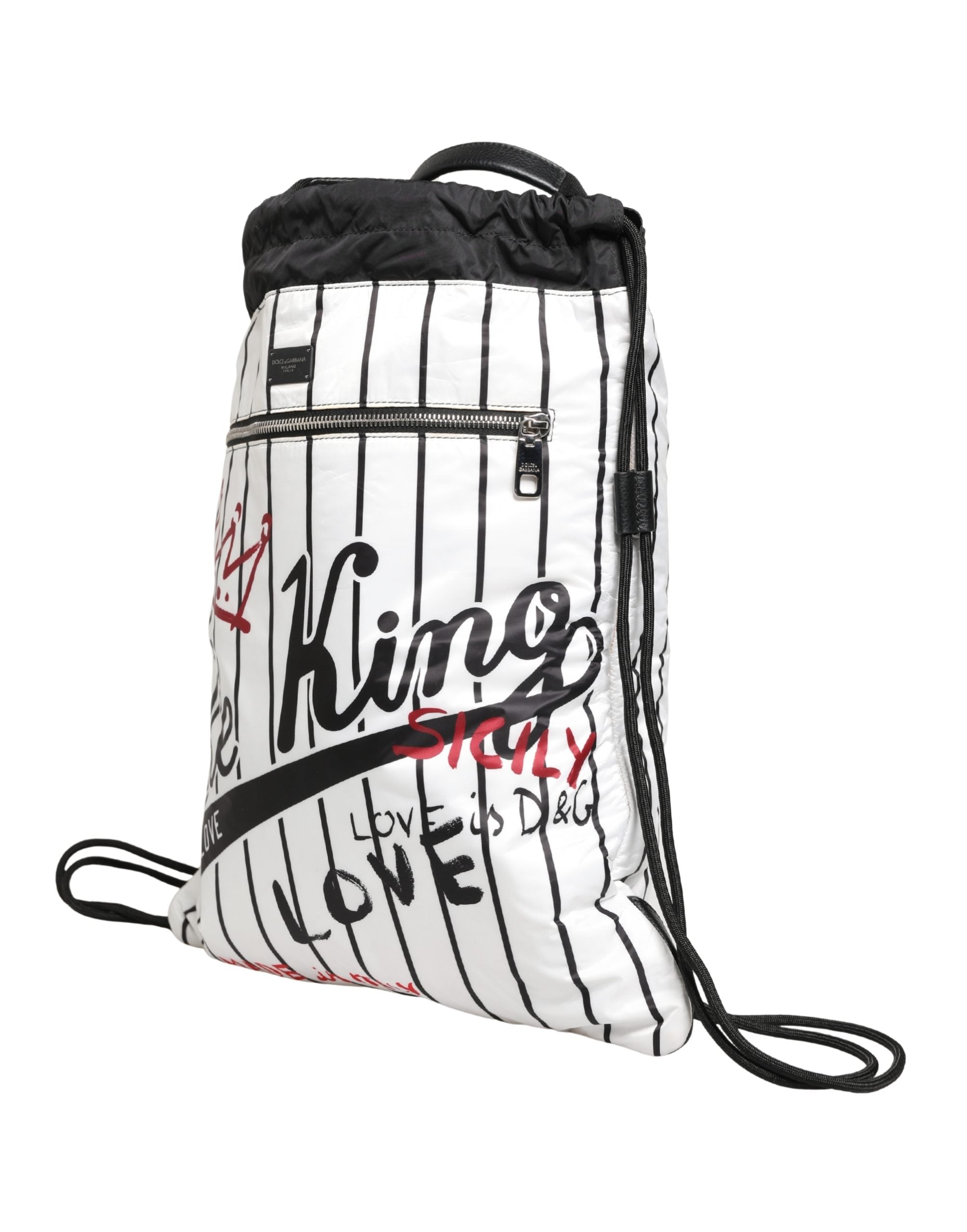 Dolce & Gabbana Schwarz-weißer Rucksack mit Kordelzug aus Polyester für Herren