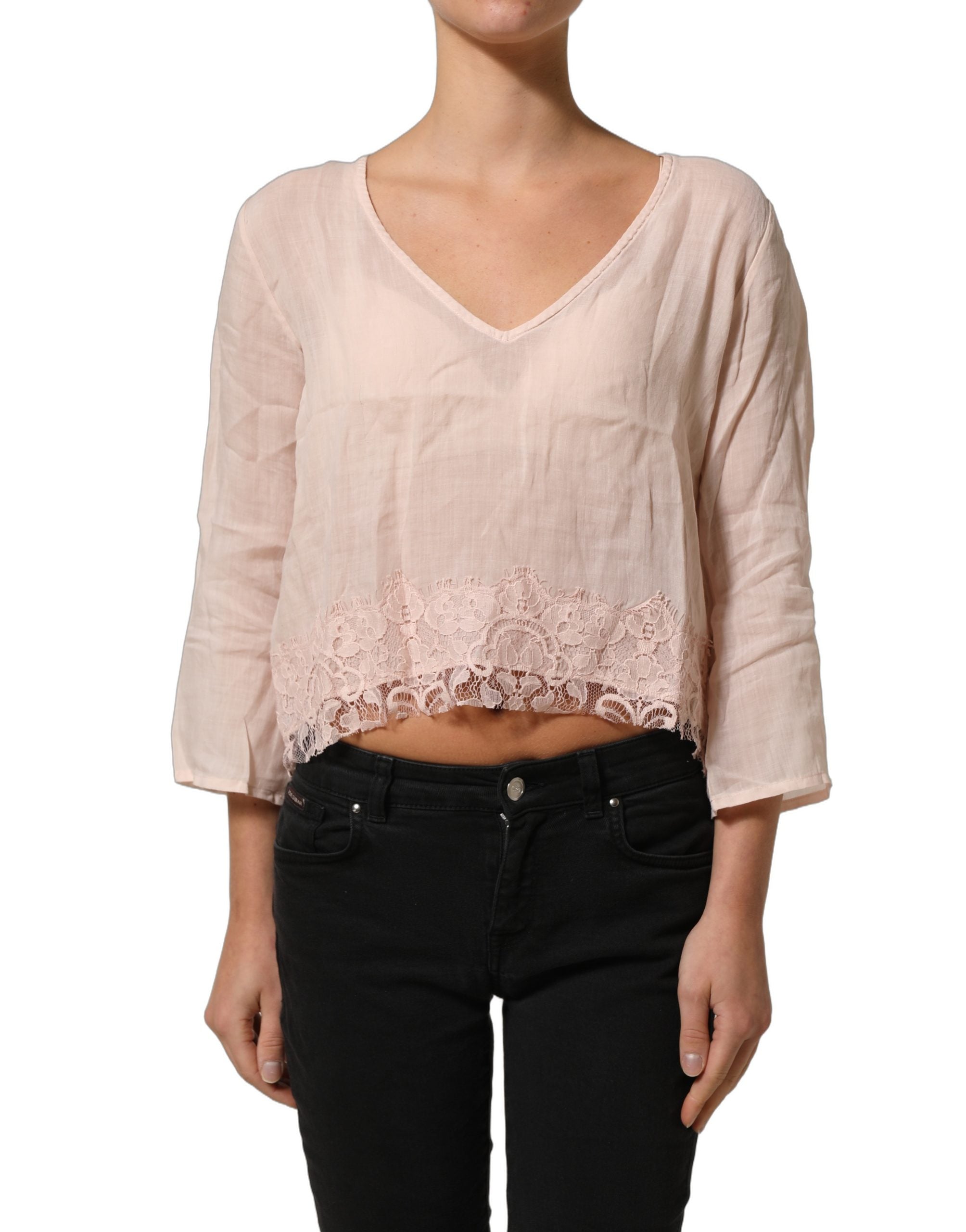 PINK MEMORIES Hellrosa Leinen-Bluse mit V-Ausschnitt und langen Ärmeln