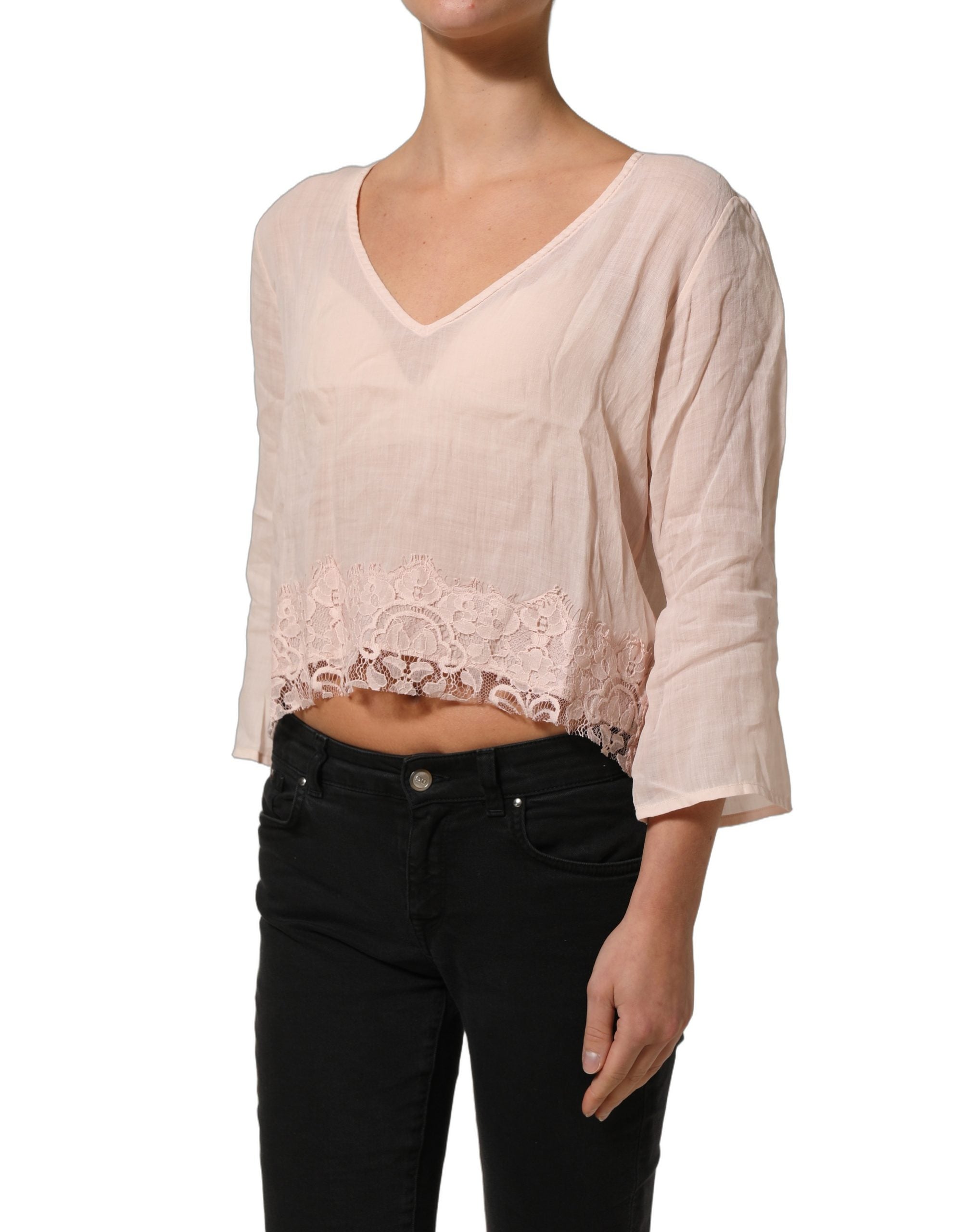 PINK MEMORIES Hellrosa Leinen-Bluse mit V-Ausschnitt und langen Ärmeln