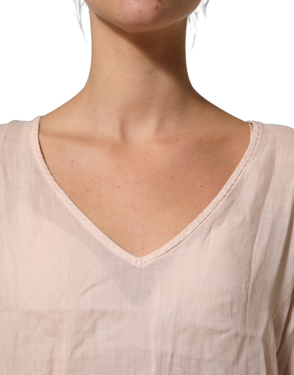 PINK MEMORIES Hellrosa Leinen-Bluse mit V-Ausschnitt und langen Ärmeln
