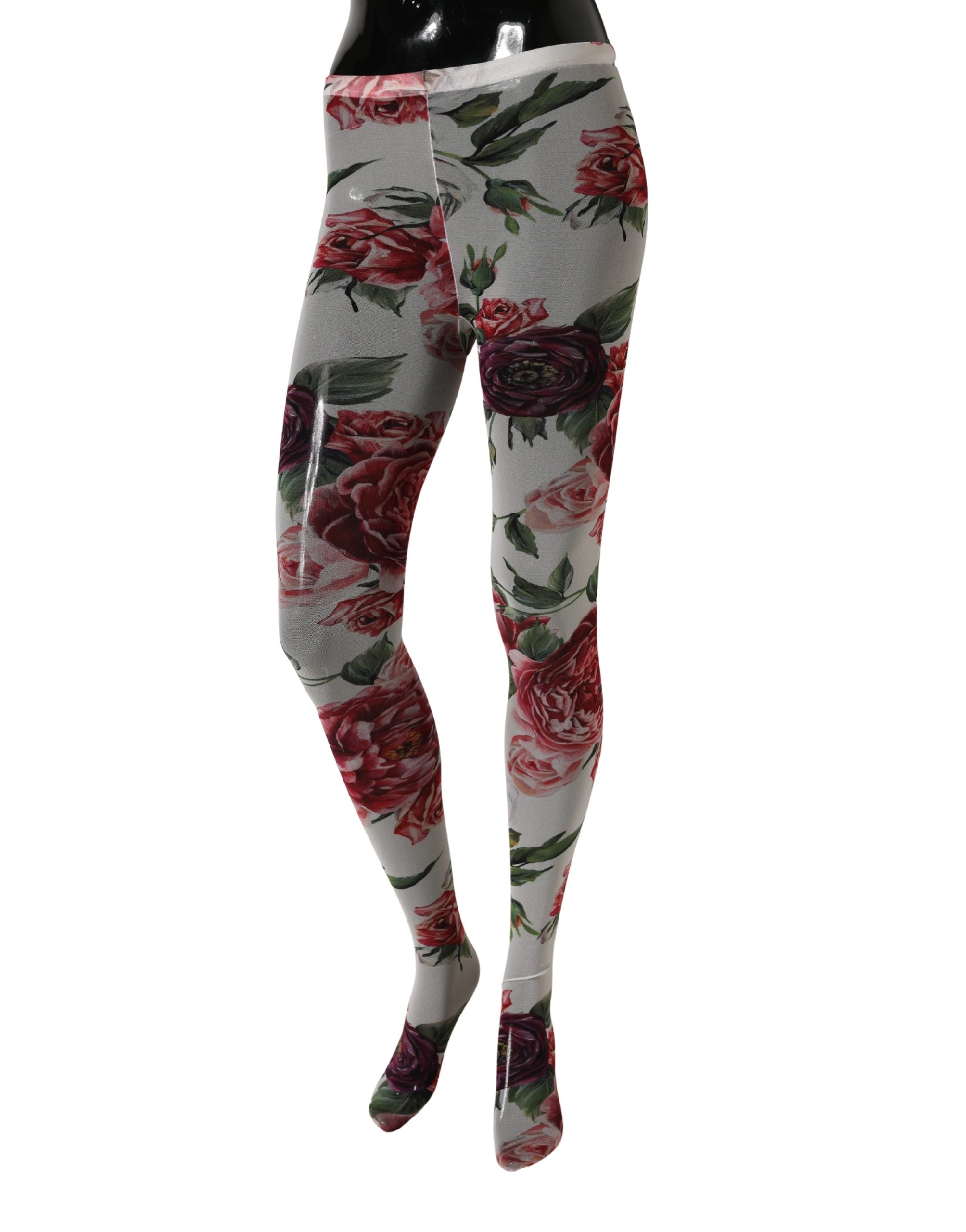 Dolce & Gabbana Weiße Strumpfhose mit Blumenprint aus Nylon