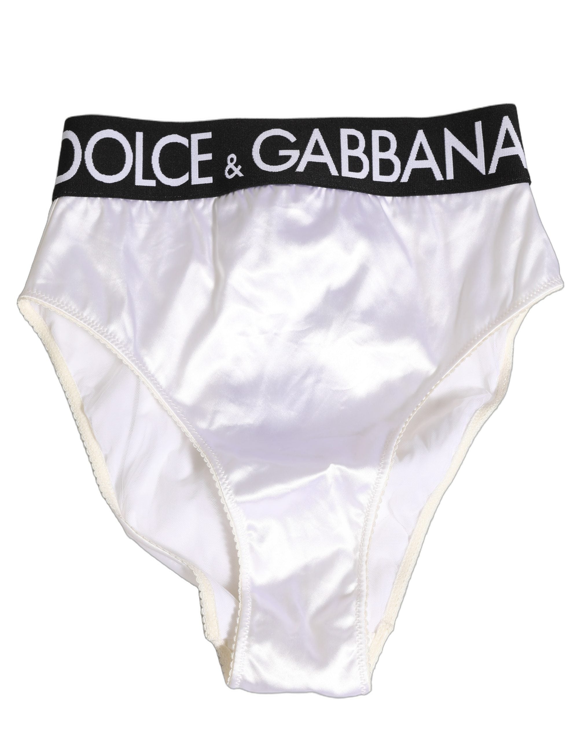 Dolce & Gabbana Weißer Satin-Slip mit hoher Taille Logo Damen Unterwäsche