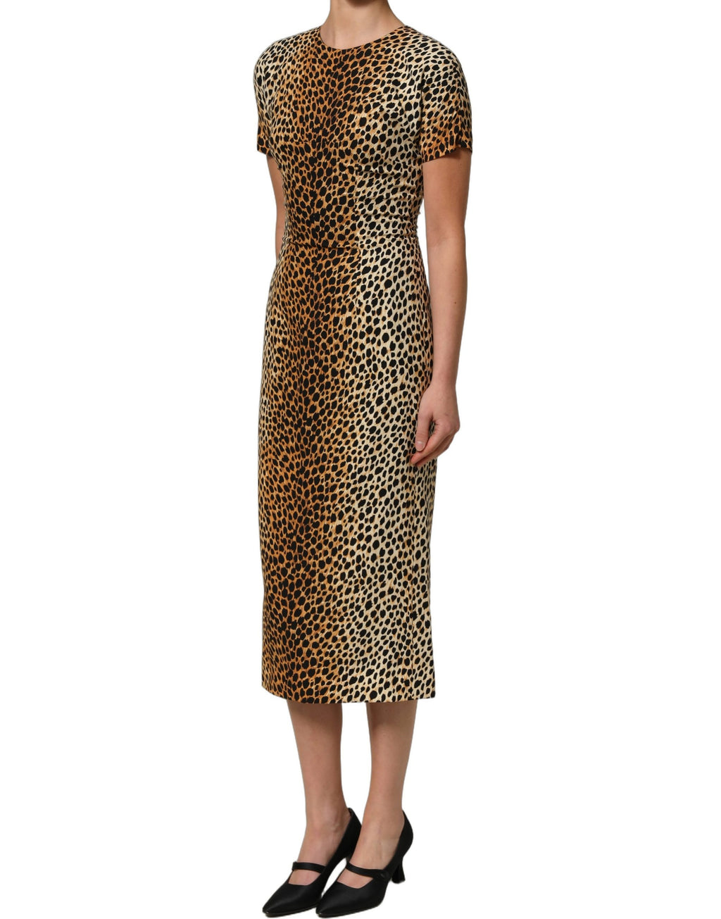 Dolce & Gabbana Braunes Etuikleid aus Seide mit Leopardenmuster, Midi-Länge