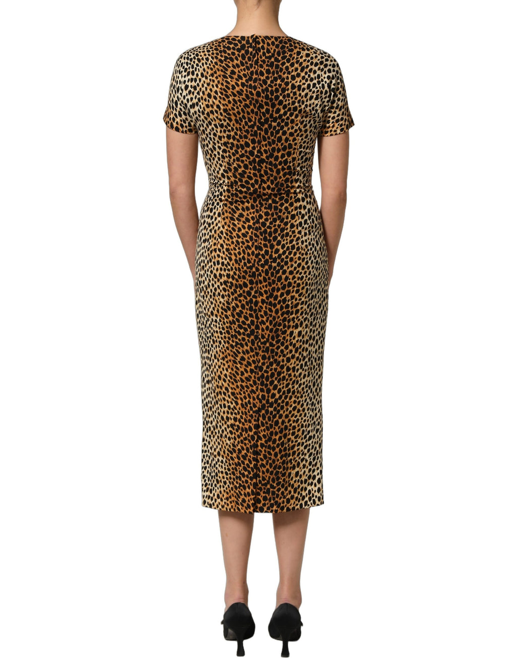 Dolce & Gabbana Braunes Etuikleid aus Seide mit Leopardenmuster, Midi-Länge
