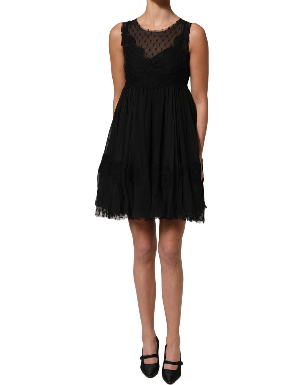 Dolce & Gabbana Ärmelloses Mini-Kleid in A-Linie mit schwarzer Spitze
