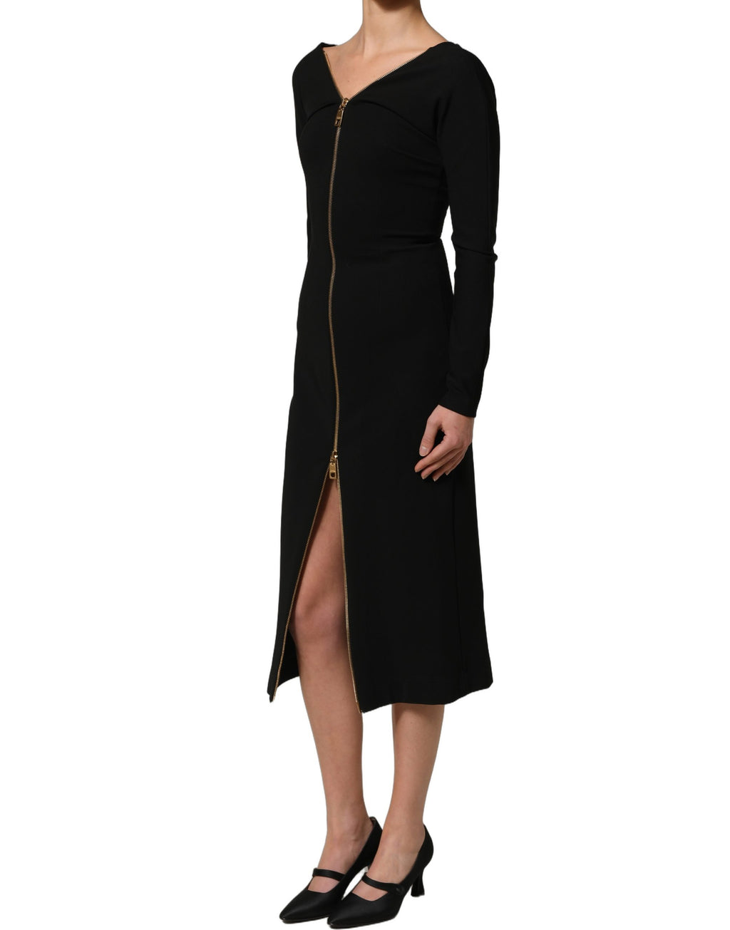 Dolce & Gabbana Schwarzes Midikleid mit langen Ärmeln und durchgehendem Reißverschluss vorne