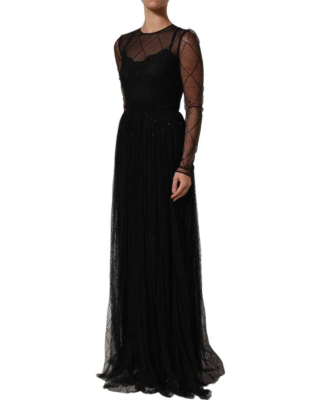 Dolce & Gabbana Langes Spitzen-Maxikleid aus schwarzem Mesh