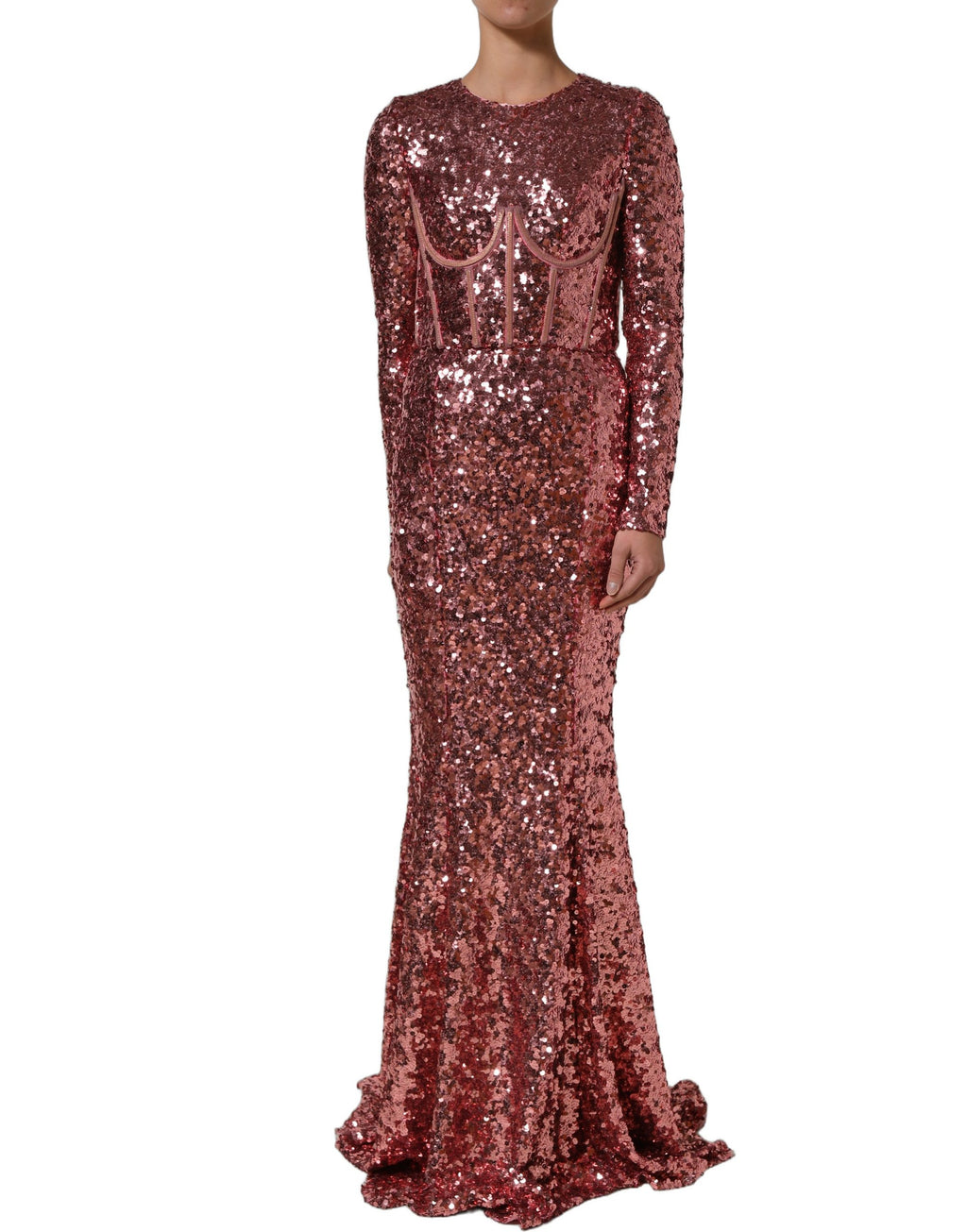 Dolce & Gabbana Langes pinkfarbenes Pailletten-Abendkleid mit Korsett-Detailing