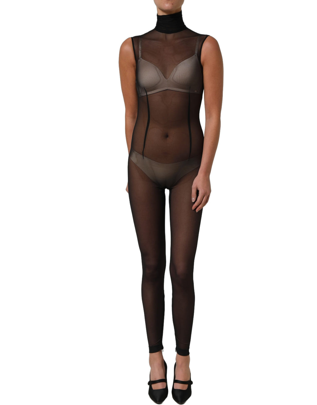 Dolce & Gabbana Schwarzer transparenter Mesh-Jumpsuit mit Rollkragen