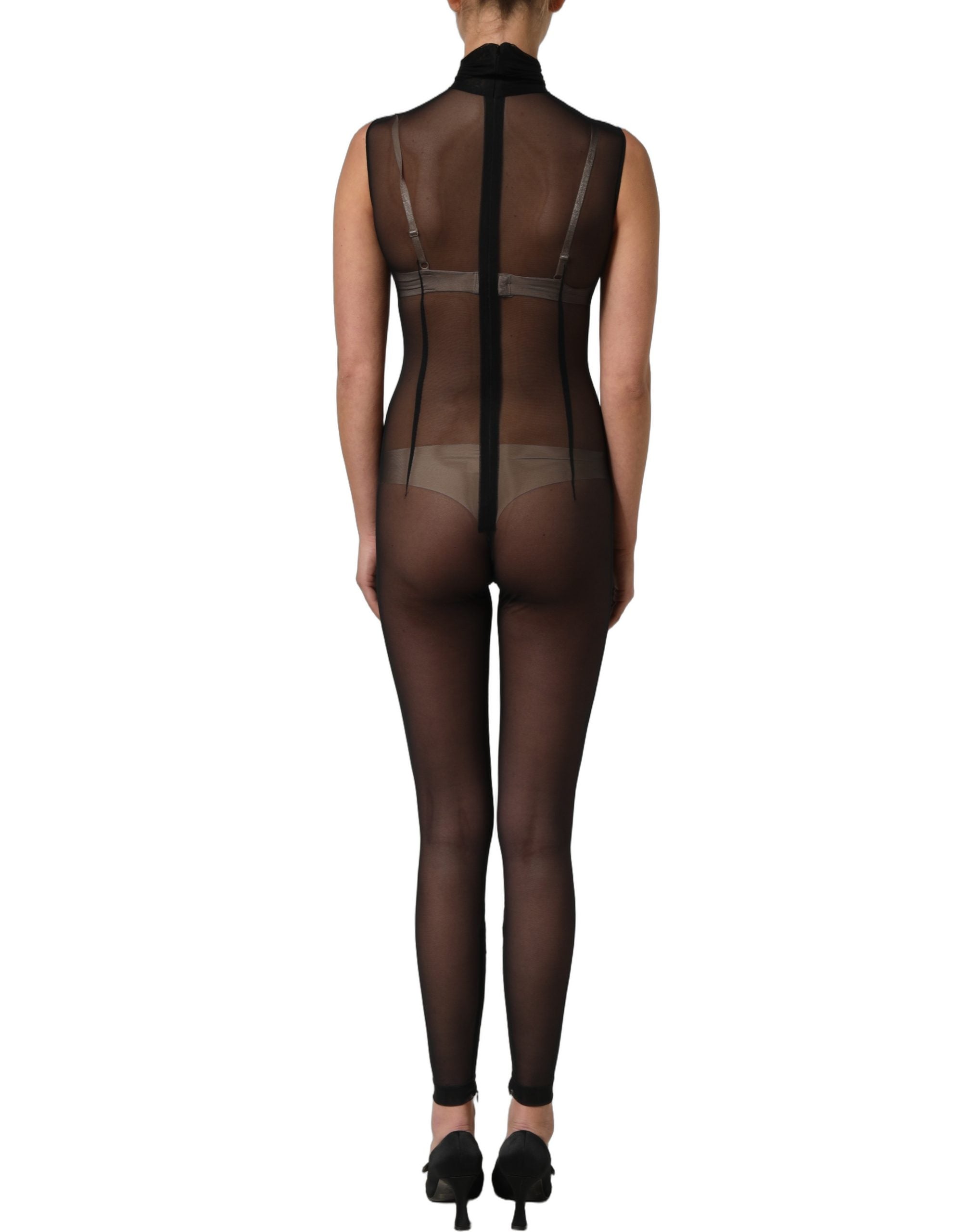 Dolce & Gabbana Schwarzer transparenter Mesh-Jumpsuit mit Rollkragen