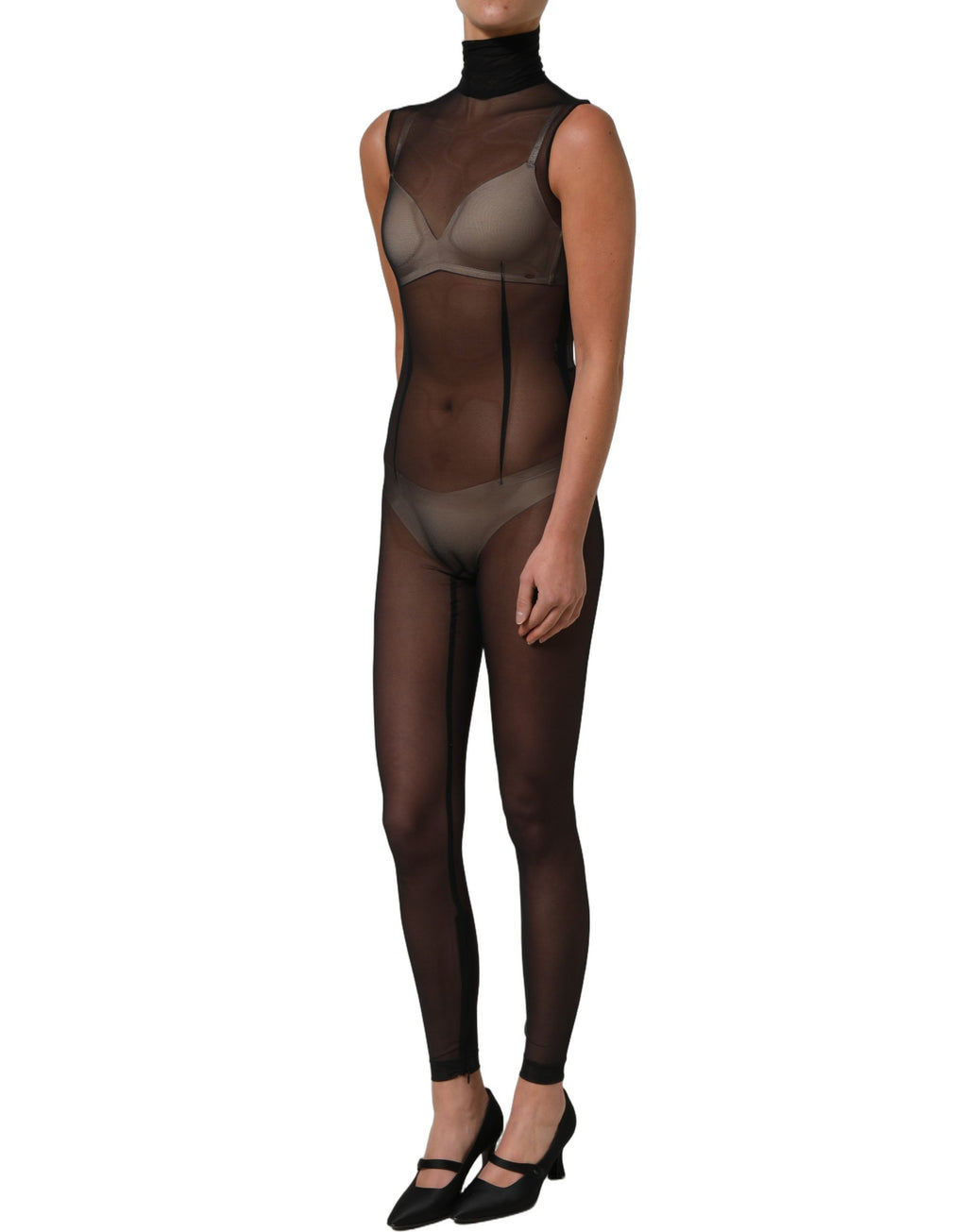 Dolce & Gabbana Schwarzer transparenter Mesh-Jumpsuit mit Rollkragen