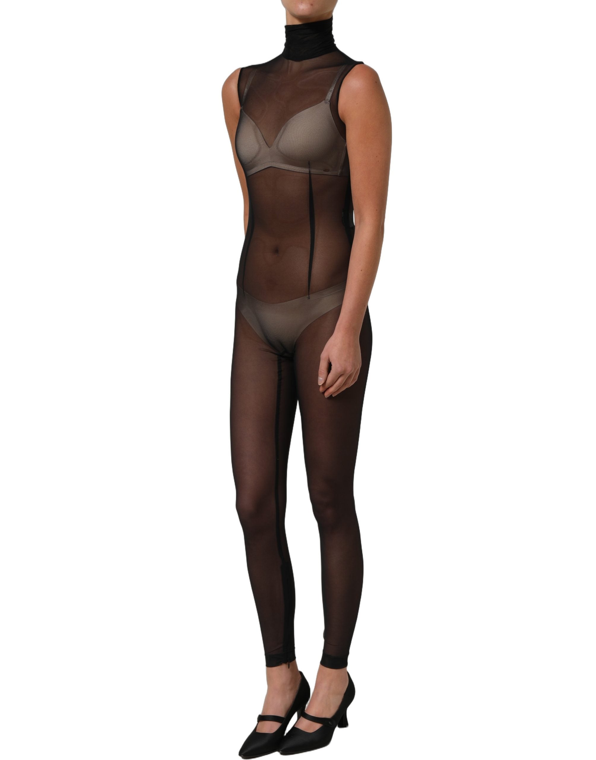 Dolce & Gabbana Schwarzer transparenter Mesh-Jumpsuit mit Rollkragen