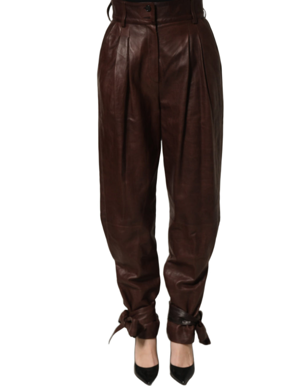Dolce & Gabbana Braune Lederhose mit hoher Taille und schmal zulaufendem Bein