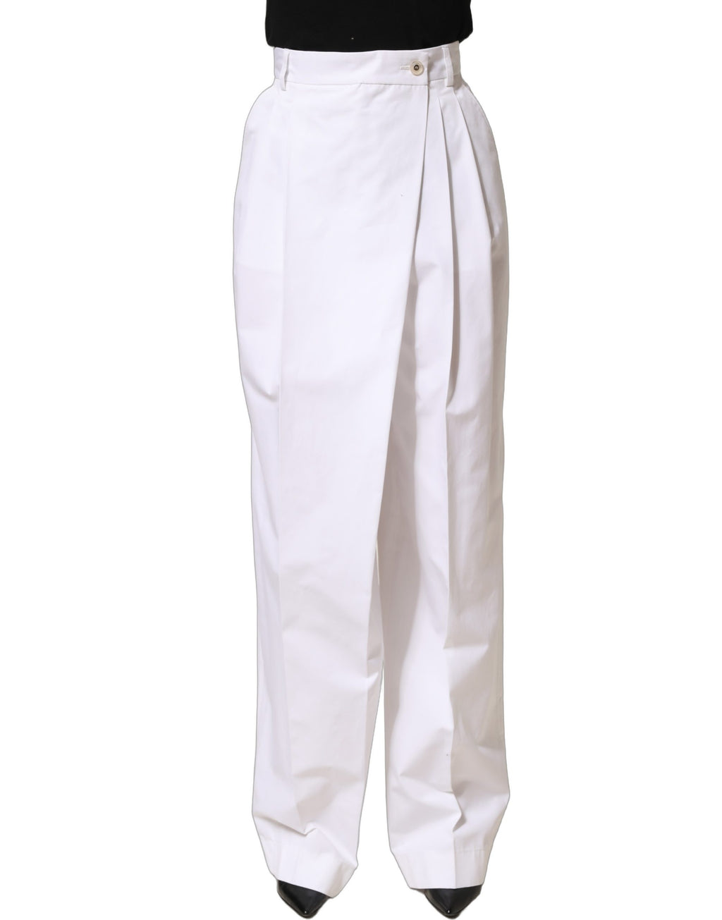 Dolce & Gabbana Weiße Baumwollhose mit hoher Taille, Falten und weitem Bein