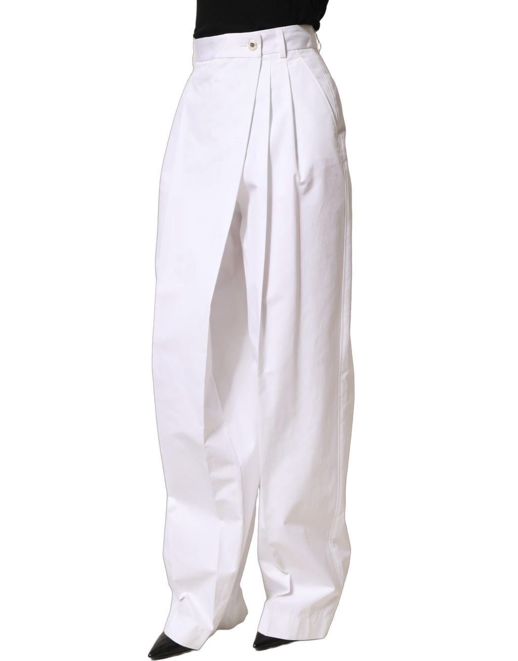 Dolce & Gabbana Weiße Baumwollhose mit hoher Taille, Falten und weitem Bein